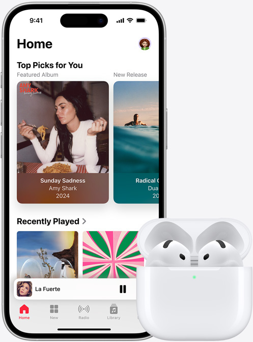 iPhone 16 playing music next to AirPods