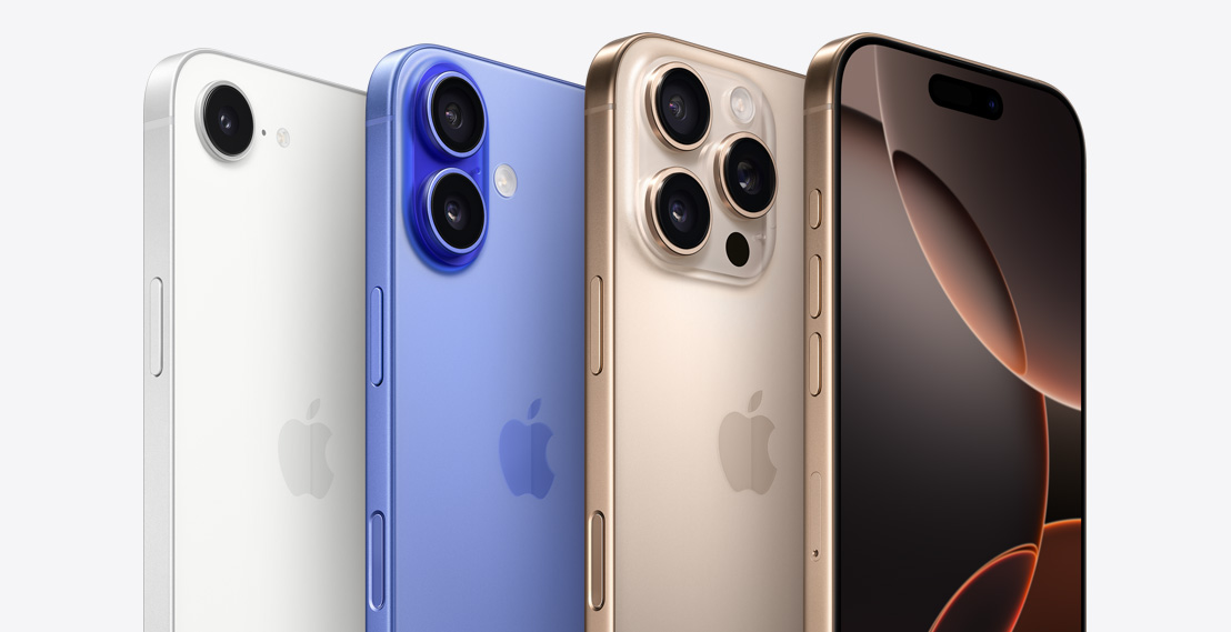 Four iPhone devices, iPhone 16 Pro in Desert Titanium colour showing three camera lenses, behind another iPhone 16 Pro showing the Dynamic Island, followed by iPhone 16 in Ultramarine colour showing 2 camera lenses and iPhone 16e in white colour showing one camera lens.