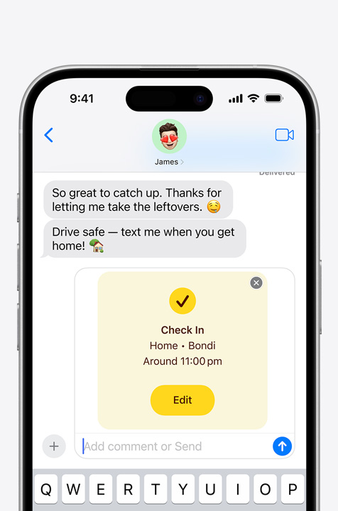 Text exchange showing “Check In” safety feature.