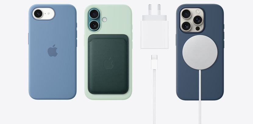 iPhone 16e and iPhone 16 line-up with accessories like various silicone cases. 20W USB-C Power Adapter, 60W USB-C Charge Cable and MagSafe Charger.