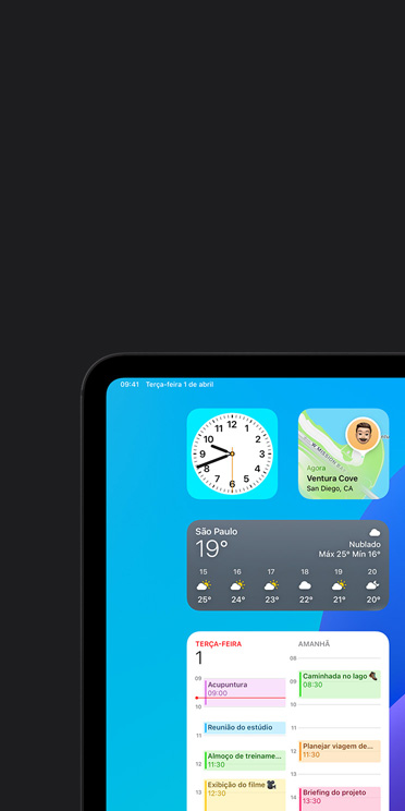 Recurso de VoiceOver na tela do iPad Pro mostrando o widget do app Tempo com saída de áudio “Tempo, São Paulo, 19 graus”.