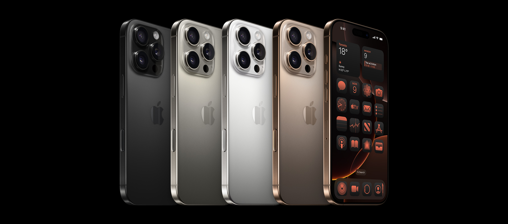 Back view of iPhone 16 Pro, all four finishes, Black Titanium, Natural Titanium,  White Titanium, Desert Titanium and front view of iPhone 16 Pro in Desert Titanium