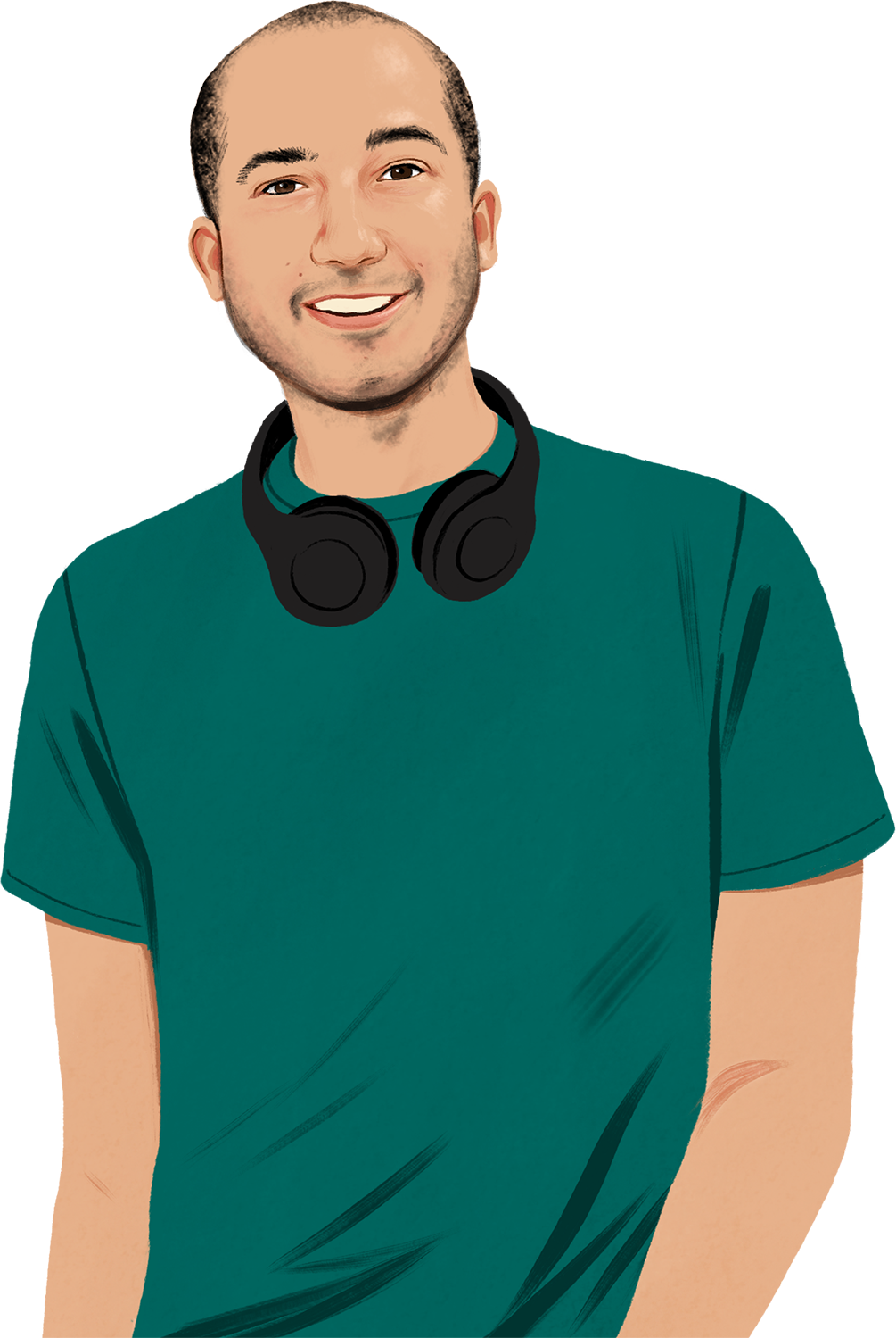 Ritratto illustrato di Chris; ha un paio di cuffie intorno al collo e sorride rivolto verso chi legge; scorrendo con il mouse, compare il disegno di un iPhone circondato da trattini che simboleggiano le onde sonore.