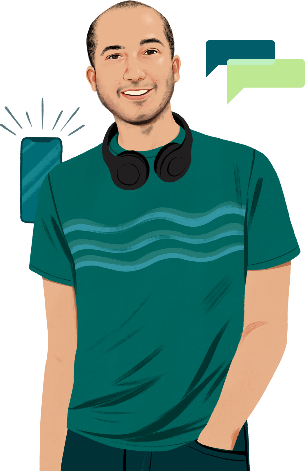 Ritratto illustrato di Chris; ha un paio di cuffie intorno al collo e sorride rivolto verso chi legge; scorrendo con il mouse, compare il disegno di un iPhone circondato da trattini che simboleggiano le onde sonore.
