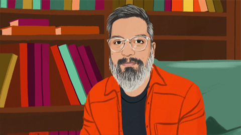 Retrato ilustrado de un empleado de Apple sentando en una silla tapizada frente a un librero, viendo al lector.