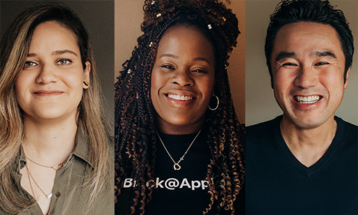 Tres retratos fotográficos de empleados de Apple, cada uno sonríe al lector.