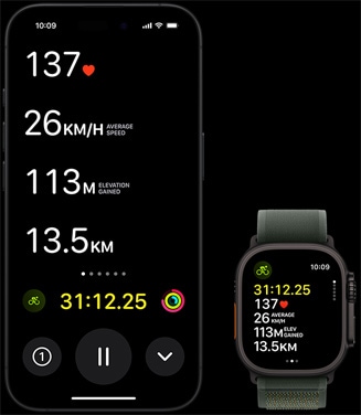 Živá aktivita se zobrazením cyklistických ukazatelů na Apple Watch Ultra 2 i na iPhonu.