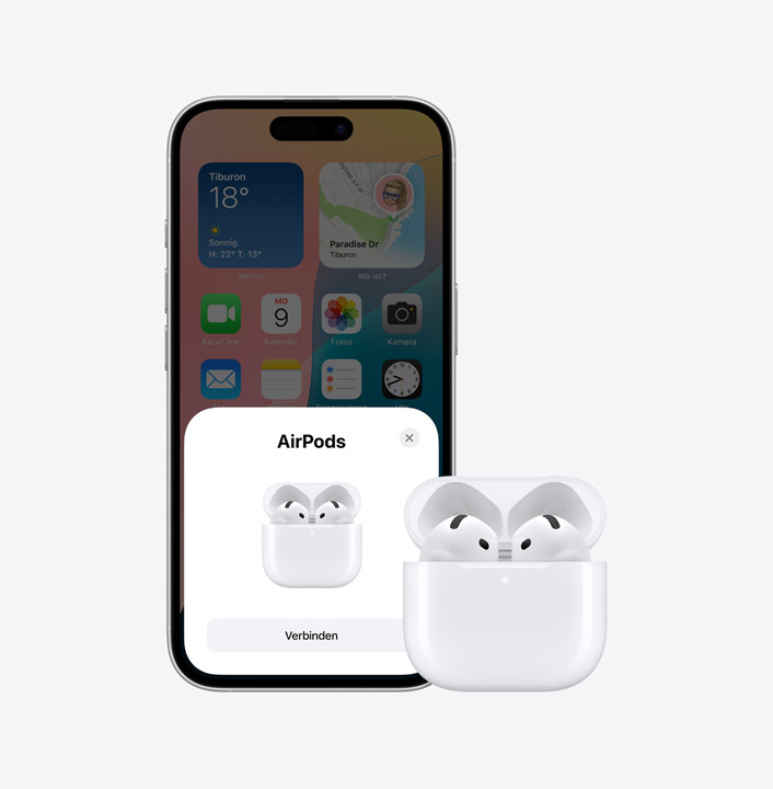 iPhone 16 neben einem Paar AirPods