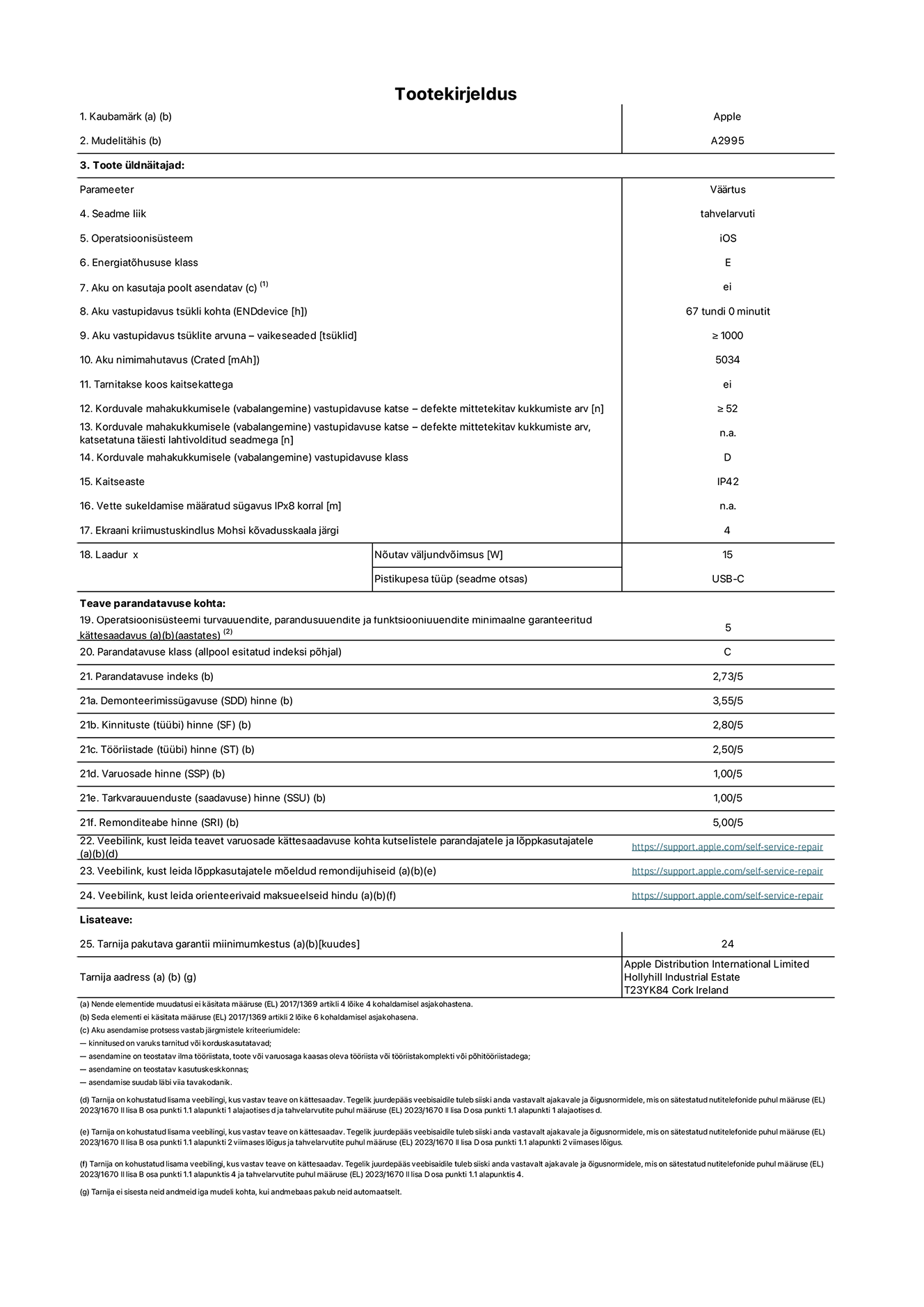 Toote iPad mini Wi-Fi + Cellular, mudeli A2995 infoleht. Tarnija on Apple Distribution International Limited, Hollyhill Industrial Estate. Cork, Ireland T23 YK84. Seadme tüüp: tahvelarvuti. Operatsioonisüsteem: iOS. Energiatõhususklass: E. Aku vahetatav kasutajale: ei. Aku vastupidavus: 67 tundi. Aku kestvustsüklid – vaikesätted: suurem või võrdne 1000-ga. Akumaht: 5034 mAh. Korduv vabalangemise usaldusväärsustest – kukub ilma defektita: ≥ 52. Korduv vabalangemise usaldusväärsusklass: D. Tolmu- ja veekindluse kaitse hinnang: IP42. Ekraani kriimustuskindlus Mohsi kõvaduse skaalal: 4. Laadija nõutav väljundvõimsus: 15W. Laadija tüüp: USB-C. Opsüsteemi turva-, korrektiiv- ja funktsionaalsusvärskenduste minimaalne tagatud saadavus: 5 aastat. Parandatavusklass: C. Parandatavusindeks: 2,73/5. Lahtivõtmise sügavuse hinne: 3,55/5. Kinnitusdetailide hinne: 2,80/5. Tööriistade hinne: 2,50/5. Varuosade hinne: 1,00/5. Tarkvaravärskenduste hinne: 1,00/5. Parandusteabe hinne: 5,00/5. Teave varuosade kättesaadavuse kohta professionaalsetele parandajatele ja lõppkasutajatele: https://support.apple.com/self-service-repair. Parandusjuhised lõppkasutajatele: https://support.apple.com/self-service-repair. Soovituslikud maksueelsed hinnad: https://support.apple.com/self-service-repair. 24-kuune üldgarantii.