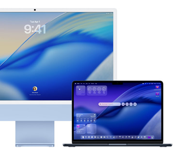 Tres modelos de Mac alineados y mirando hacia el frente: a la izquierda, un MacBook Pro de 16 pulgadas con la app Teléfono en la pantalla que muestra los contactos recientes; en el centro, un iMac de 24 pulgadas en azul con una ola como fondo de pantalla de macOS Tahoe 26; y, a la derecha, un MacBook Air de 13 pulgadas que muestra la búsqueda con Spotlight en el escritorio con versiones en Liquid Glass del Dock y de varios widgets, como Calendario, Reloj y Tiempo.