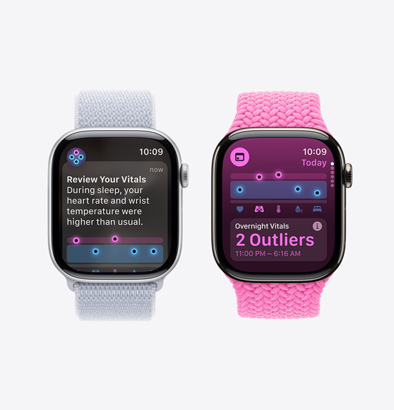 Une Apple Watch Series 10 affiche la notification « Vérifiez vos signes vitaux », et une Apple Watch Series 10 affiche l’app Signes vitaux avec la mention « 2 anomalies » pour les Signes vitaux nocturnes.