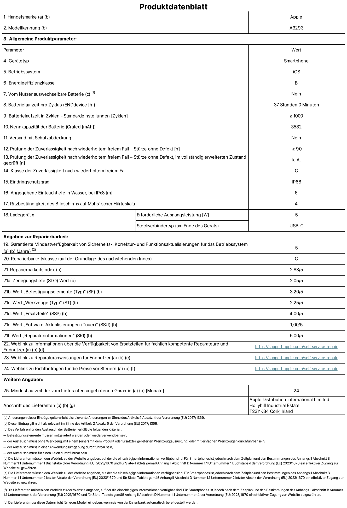 Produktinformationsblatt für iPhone 16 Pro, Modell A3293. Bereitgestellt von Apple Distribution International Limited, Hollyhill Industrial Estate. Cork, Irland T23 YK84. Gerätetyp: Smartphone. Betriebssystem: iOS. Energieeffizienzklasse: B. Vom Benutzer auswechselbare Batterie: nein. Batterielaufzeit pro Zyklus: 37 Stunden. Batterielaufzeit in Zyklen – Standardeinstellungen: ≥ 1000. Nennkapazität der Batterie: 3582 mAh. Versand mit Schutzabdeckung: nein. Prüfung der Zuverlässigkeit nach wiederholtem freiem Fall – Stürze ohne Defekt: ≥ 90. Prüfung der Zuverlässigkeit nach wiederholtem freiem Fall – Stürze ohne Defekt, im vollständig erweiterten Zustand geprüft: nicht zutreffend. Klasse der Zuverlässigkeit nach wiederholtem freiem Fall: C. Eindringschutzgrad: IP68. Angegebene Eintauchtiefe in Wasser, bei iPx8: 6 m. Ritzbeständigkeit des Displays auf Mohs’scher Härteskala: 4. Erforderliche Ausgangsleistung des Ladegeräts: 5W. Anschluss Ladegerät (am Ende des Geräts): USB‑C. Garantierte Mindestverfügbarkeit von Sicherheits‑, Korrektur‑ und Funktionsaktualisierungen für das Betriebssystem: 5 Jahre. Reparierbarkeitsklasse: C. Reparierbarkeitsindex: 2,83/5. Zerlegungstiefe (SDD) Wert: 2,05/5. Wert „Befestigungselemente“: 3,20/5. Wert „Werkzeuge“: 2,25/5. Wert „Ersatzteile“: 4,00/5. Wert „Software-Aktualisierungen“: 1,00/5. Wert „Reparaturinformationen“: 5,00/5. Weblink zu Informationen über die Verfügbarkeit von Ersatzteilen für fachlich kompetente Reparateure und Endnutzer: https://support.apple.com/self-service-repair. Weblink zu Reparaturanweisungen für Endnutzer: https://support.apple.com/self-service-repair. Weblink zu Richtbeträgen für die Preise vor Steuern: https://support.apple.com/self-service-repair. 24 Monate angebotene allgemeine Garantie.