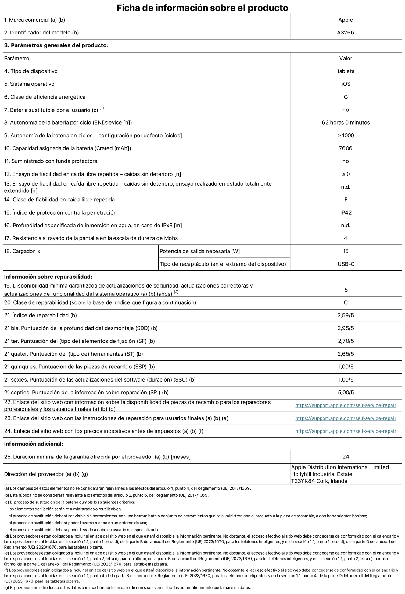 Ficha de información sobre el producto del iPad Air Wi‑Fi de 11 pulgadas. Modelo A3266. Suministrado por Apple UK Ltd, New Bridge Street, 100, EC4V 6JA Londres. Tipo de dispositivo: Tablet. Sistema operativo: iOS. Clase de eficiencia energética para el rango dinámico estándar: G. Autonomía de la batería 62 horas. Autonomía de la batería en ciclos: ≥ 1.000. Capacidad asignada de la batería: 7.606 mAh. Caídas sin deterioro en ensayo de fiabilidad en caída libre repetida: ≥ 0. Clase de fiabilidad en caída libre repetida: E. Índice de protección contra la penetración: IP42 Resistencia al rayado de la pantalla en la escala de dureza de Mohs: 4. Potencia de salida necesaria del cargador: 15 W. Tipo de receptáculo del cargador: USB‑C. Disponibilidad mínima garantizada de actualizaciones de seguridad, correctoras y de funcionalidad del sistema operativo: 5 años. Clase de reparabilidad: C. Índice de reparabilidad: 2,59/5. Puntuación de la profundidad del desmontaje: 2,95/5. Puntuación de los elementos de fijacion: 2,70/5. Puntuación de las herramientas: 2,65/5. Puntuación de las piezsa de recambio: 1/5. Puntuación de las actualizaciones de software: 1/5. Puntuación de las información sobre reparación: 5/5. Enlace del sitio web con información sobre la disponibilidad de piezas de recambio para reparadores profesionales y usuarios finales: https://support.apple.com/self-service-repair. Enlace del sitio web con las instrucciones de reparación para usuarios finales: https://support.apple.com/self-service-repair. Enlace del sitio web con los precios indicativos antes de impuestos: https://support.apple.com/self-service-repair. Se ofrece una garantía general de 24 meses.