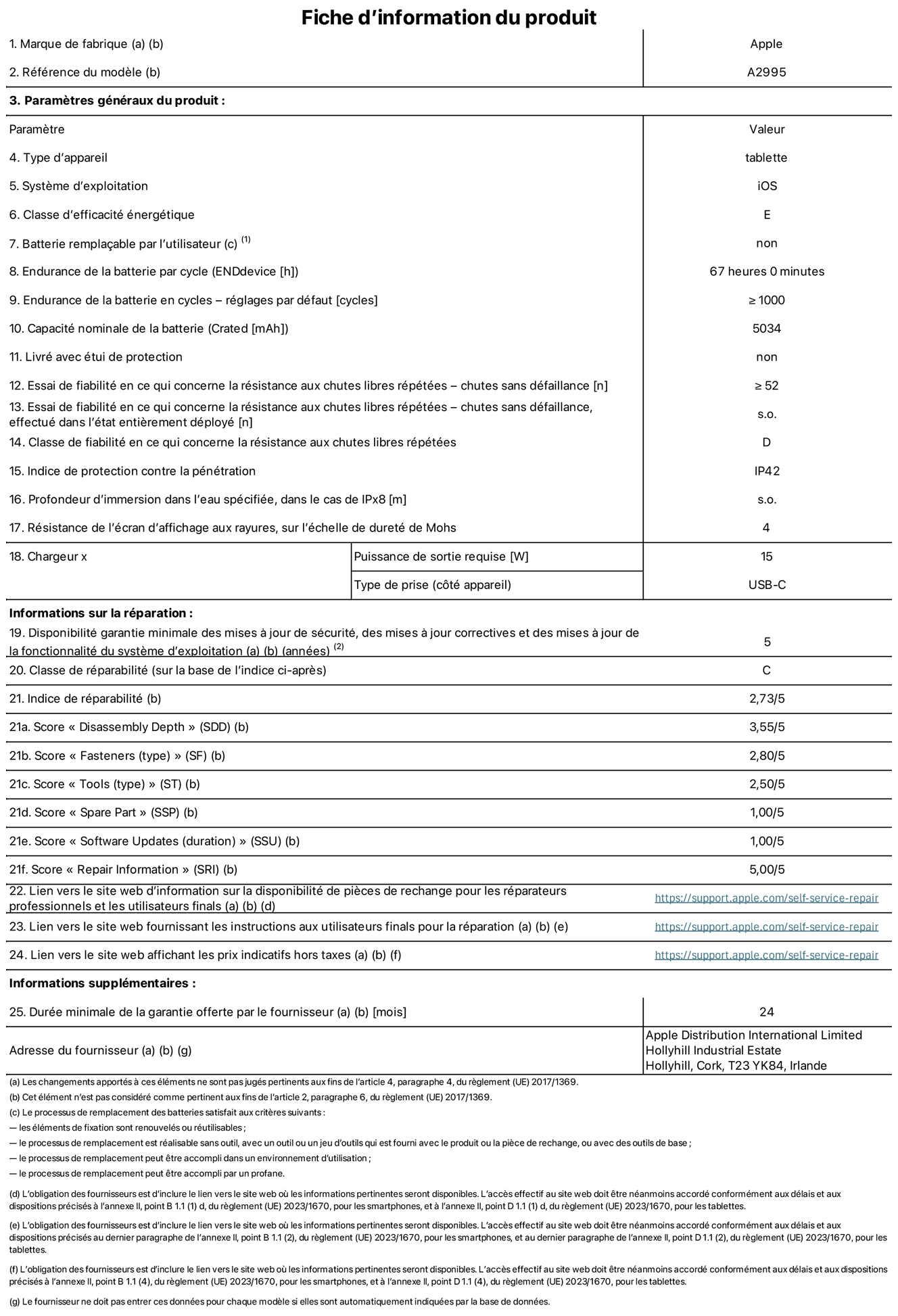 Fiche d’informations produit de l’iPad mini Wi‑Fi + Cellular, modèle A2995. Fournie par Apple Distribution International Ltd, Hollyhill Industrial Estate. Cork, T23 YK84, Irlande Type d’appareil : tablette. Système d’exploitation : iOS. Classe d’efficacité énergétique : E. Batterie remplaçable par l’utilisateur : non. Endurance de la batterie : 67 heures. Endurance de la batterie en cycles : supérieure ou égale à 1 000. Capacité nominale de la batterie : 5 034 mAh. Essai de fiabilité en ce qui concerne la résistance aux chutes libres répétées – chutes sans défaillance : supérieur ou égal à 52. Classe de fiabilité en ce qui concerne la résistance aux chutes libres répétées : D. Indice de protection contre la pénétration : IP42. Résistance de l’écran d’affichage aux rayures sur l’échelle de dureté de Mohs : 4. Puissance de sortie requise du chargeur : 15 W. Type de prise : USB‑C. Disponibilité garantie minimale des mises à jour de sécurité, des mises à jour correctives et des mises à jour de la fonctionnalité du système d’exploitation : 5 ans. Classe de réparabilité : C. Indice de réparabilité : 2,73/5. Score pour la profondeur de désassemblage : 3,55/5. Score pour les éléments de fixation : 2,80/5. Score pour les outils : 2,50/5. Score pour les pièces de rechange : 1,00/5. Score pour les mises à jour logicielles : 1,00/5. Score pour les informations de réparation : 5,00/5. Lien vers le site web d’information sur la disponibilité des pièces de rechange pour les réparateurs professionnels et les utilisateurs finaux : https://support.apple.com/self-service-repair. Lien vers le site web fournissant les instructions aux utilisateurs finaux pour la réparation : https://support.apple.com/self-service-repair. Lien vers le site web affichant les prix indicatifs hors taxes : https://support.apple.com/self-service-repair. Garantie générale de 24 mois offerte.