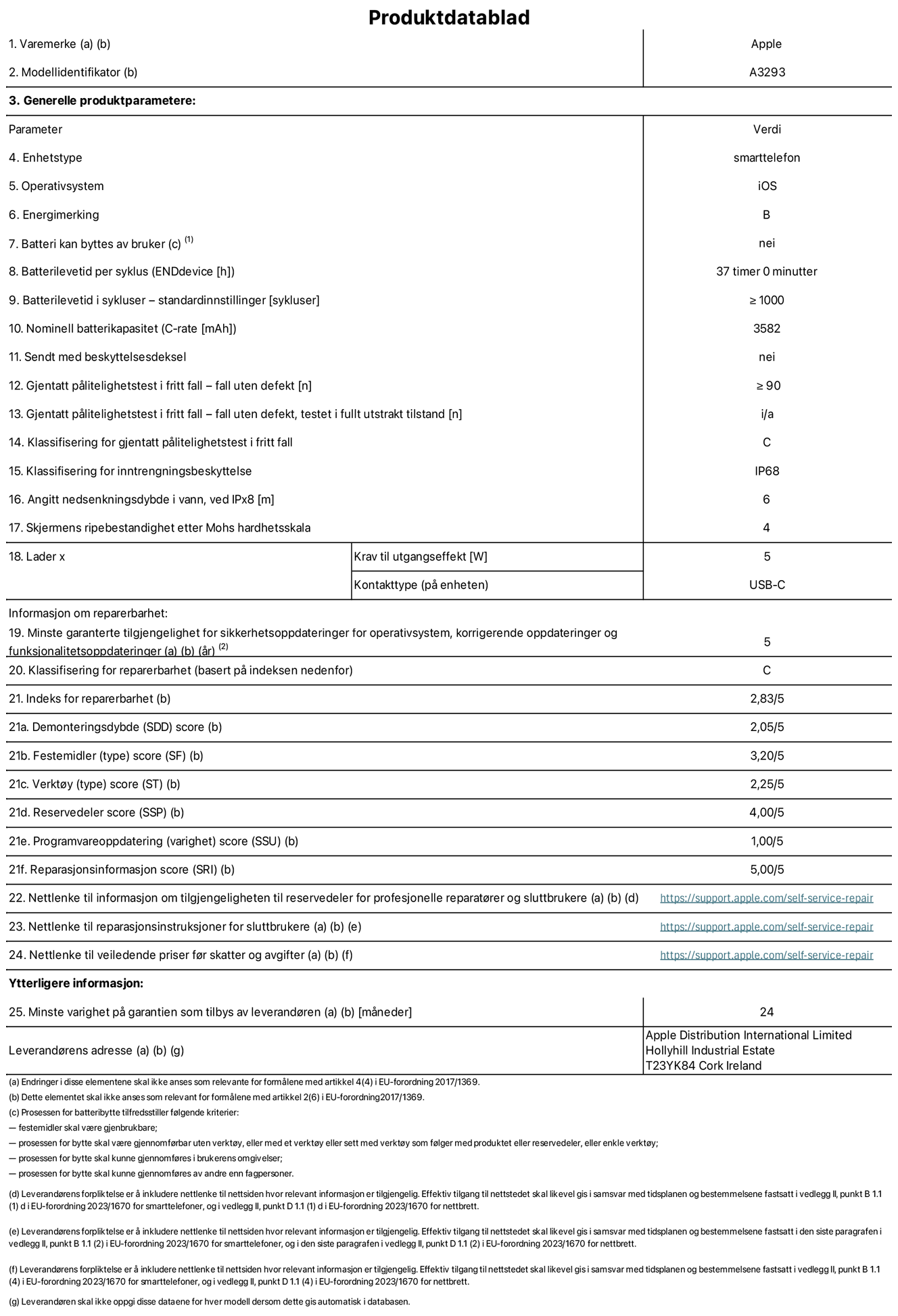 Produktdatablad for iPhone 16 Pro – modell A3293. Levert av Apple Distribution International Limited, Hollyhill Industrial Estate. Cork, Irland T23 YK84. Enhetstype: smarttelefon. Operativsystem: iOS. Energieffektivitetsklasse: B. Batteriet kan byttes av brukeren: nei. Batteriets holdbarhet per ladesyklus: 37 timer. Batteriets holdbarhet i antall ladesykluser – standardinnstillinger: ≥ 1000. Nominell batterikapasitet: 3582 mAh. Leveres med beskyttelsesdeksel: nei. Holdbarhetstest ved gjentatte fall – antall fall uten feil: ≥ 90. Holdbarhetstest ved gjentatte fall – antall fall uten feil i helt utfoldet tilstand: ikke aktuelt. Holdbarhetsklasse ved gjentatte fall: C. Kapslingsgrad: IP68. Angitt nedsenkingsdybde i vann ved IPx8: 6. Skjermens ripefasthet på Mohs skala: 4. Krav til laderens utgangseffekt: 5 watt. Laderens stikkontakt (på enhetssiden): USB-C. Minstegaranti for tilgang på sikkerhetsoppdateringer, feilrettinger og funksjonsoppdateringer til operativsystemet: 5 år. Reparerbarhetsklasse: C. Reparerbarhetsindeks: 2,83/5. Demontering: 2,05/5. Festeanordninger: 3,20/5. Verktøy: 2,25/5. Reservedeler: 4,00/5. Programvareoppdateringer: 1,00/5. Informasjon om reparasjon: 5,00/5. Lenke til informasjon om tilgjengelighet for reservedeler for profesjonelle reparatører og sluttbrukere: https://support.apple.com/self-service-repair. Lenke til reparasjonsveiledning for sluttbrukere: https://support.apple.com/self-service-repair. Lenke til veiledende priser ekskl. mva: https://support.apple.com/self-service-repair. Produktet omfattes av en 24-måneders generell garanti.