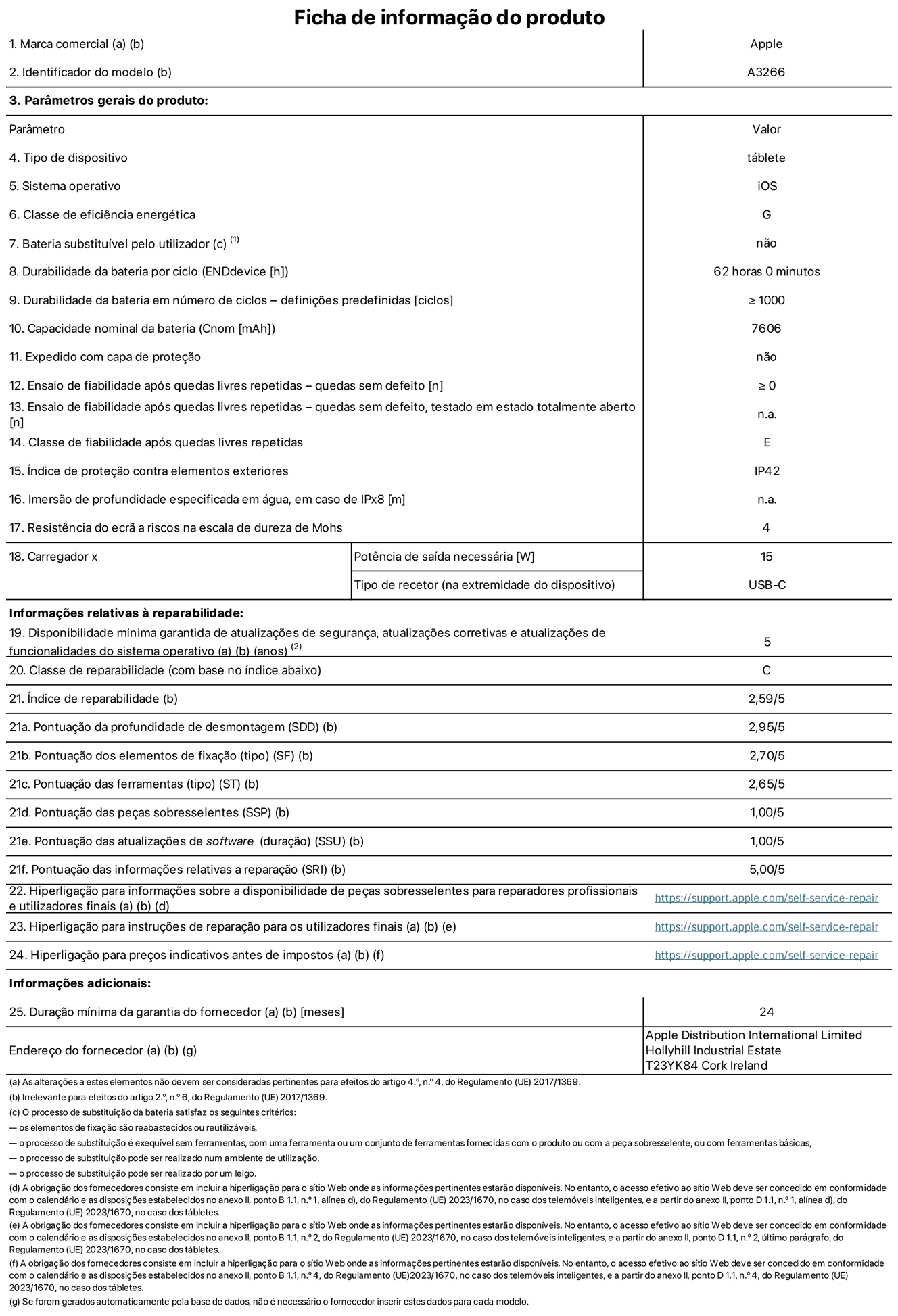 Folha de informações do produto para o iPad Air de 11 polegadas Wi-Fi. Modelo A3266. Fornecido pela Apple UK Ltd, 100 New Bridge Street, Londres EC4V 6JA. Tipo de dispositivo: tablet. Sistema operativo: iOS. Classe de eficiência energética para a gama dinâmica padrão: G. Autonomia da bateria de 62 horas. Autonomia da bateria em ciclos: ≥ 1000. Capacidade nominal da bateria: 7606 mAh. Teste de fiabilidade após quedas livres repetidas - quedas sem defeito: ≥ 0. Classe de fiabilidade após quedas livres repetidas: E. Proteção contra elementos exteriores: IP42. Resistência do ecrã a riscos na escala de dureza de Mohs: 4. Potência de saída necessária do carregador de 15 W. Tipo de recetor do carregador: USB-C. Disponibilidade mínima garantida de atualizações de segurança, atualizações corretivas e atualizações de funcionalidades do sistema operativo: 5 anos. Classe de reparabilidade: C. Índice de reparabilidade: 2,59/5. Pontuação da profundidade de desmontagem: 2,95/5. Pontuação dos elementos de fixação (tipo): 2,70/5. Pontuação das ferramentas: 2,65/5. Pontuação das peças sobresselentes: 1,00/5. Pontuação das atualizações de software: 1,00/5. Pontuação das informações relativas a reparação: 5,00/5. Hiperligação para informações sobre a disponibilidade de peças sobresselentes para reparadores profissionais e utilizadores finais: https://support.apple.com/self-service-repair. Hiperligação para instruções de reparação para utilizadores finais: https://support.apple.com/self-service-repair. Hiperligação para preços indicativos antes de impostos: https://support.apple.com/self-service-repair. Oferta de garantia geral de 24 meses.