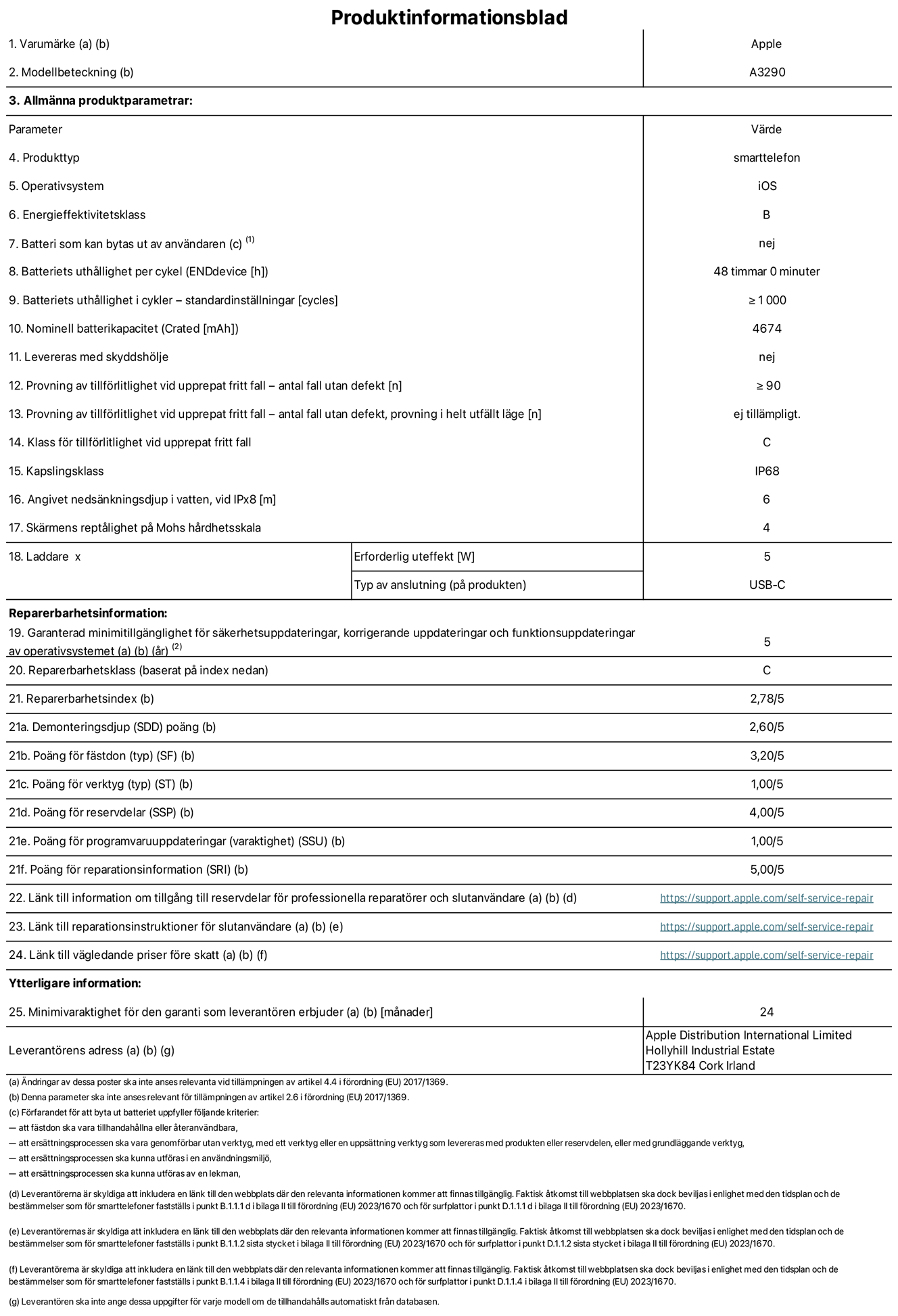 Produktinformationsblad för iPhone 16 Plus, modell A3290. Tillhandahålls av Apple Distribution International Limited, Hollyhill Industrial Estate. Cork, Irland T23 YK84. Enhetstyp: smartphone. Operativsystem: iOS. Energieffektivitetsklass: B. Batteri som kan bytas ut av användaren: nej. Batteritid per laddningscykel: 48 timmar. Batteriets livslängd i antal cykler – standardinställningar: ≥ 1000. Nominell batterikapacitet: 4674 mAh. Levereras med skyddsfodral: nej. Tillförlitlighetstest vid upprepat fritt fall – antal fall utan defekter: ≥ 90. Tillförlitlighetstest vid upprepat fritt fall – antal fall utan defekter testat i helt utfällt läge: ej tillämpligt. Tillförlitlighet vid upprepat fritt fall: klass C. IP-klass: IP68. Angivet nedsänkningsdjup vid iPx8: 6. Skärmens reptålighet enligt Mohs hårdhetsskala: 4. Laddare – uteffekt som krävs: 5 W. Typ av uttag på laddaren: usb-c. Garanterad minimiperiod för tillgång till säkerhetsuppdateringar, korrigerande uppdateringar och funktionsuppdateringar av operativsystemet: 5 år. Reparerbarhetsklass: C. Reparerbarhetsindex: 2,78/5. Poäng för demonteringsdjup (SDD): 2,60/5. Poäng för fästen: 3,20/5. Poäng för verktyg: 1,00/5. Poäng för reservdelar: 4,00/5. Poäng för mjukvaruuppdateringar: 1,00/5. Poäng för reparationsinformation: 5,00/5. Länk till information om tillgängliga reservdelar för professionella reparatörer och slutanvändare: https://support.apple.com/self-service-repair. Länk till reparationsanvisningar för slutanvändare: https://support.apple.com/self-service-repair. Länk till vägledande priser före skatt: https://support.apple.com/self-service-repair. Produkten omfattas av 24 månaders garanti.