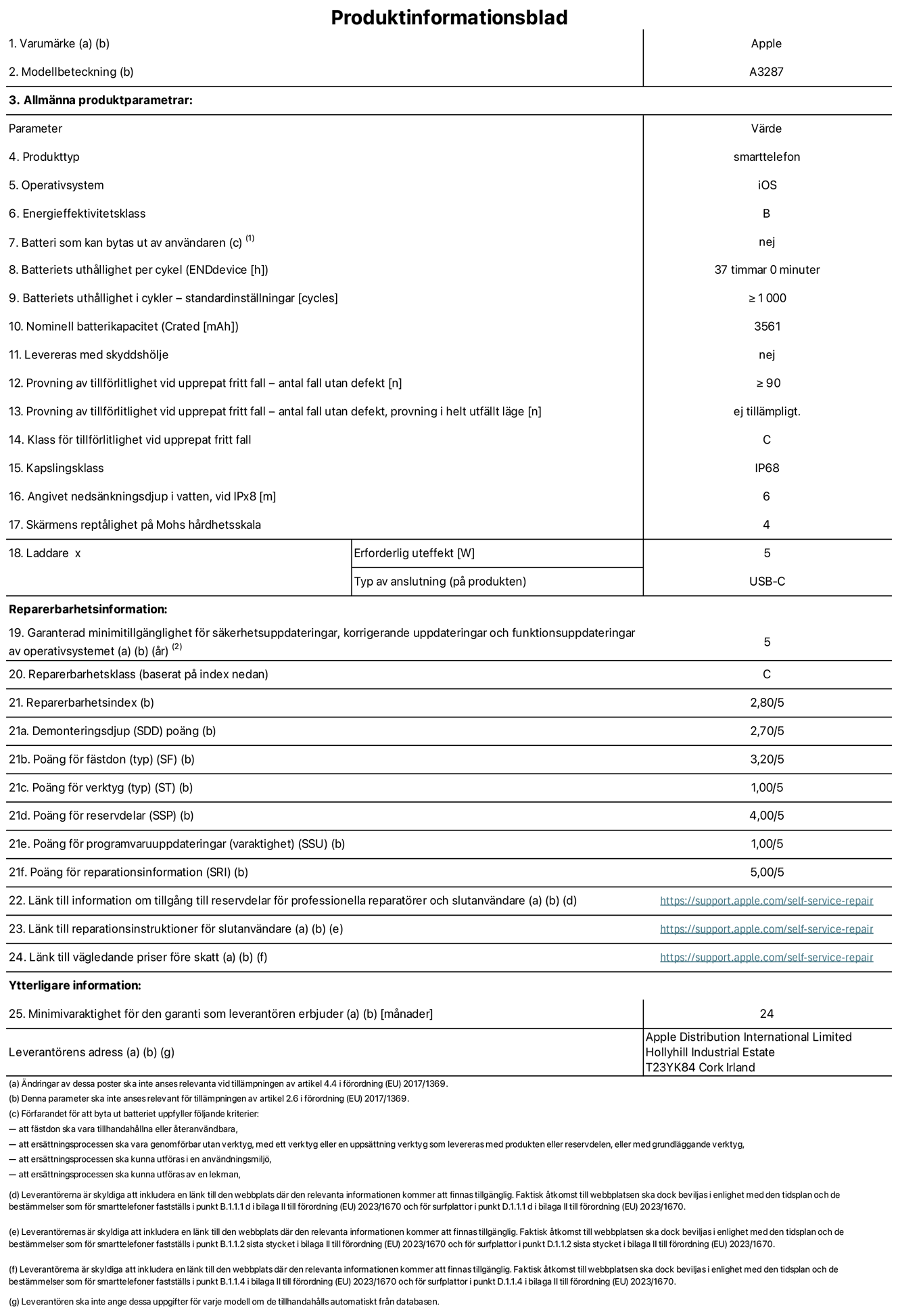 Produktinformationsblad för iPhone 16, modell A3287. Tillhandahålls av Apple Distribution International Limited, Hollyhill Industrial Estate. Cork, Irland T23 YK84. Enhetstyp: smartphone. Operativsystem: iOS. Energieffektivitetsklass: B. Batteri som kan bytas ut av användaren: nej. Batteritid per laddningscykel: 37 timmar. Batteriets livslängd i antal cykler – standardinställningar: ≥ 1000. Nominell batterikapacitet: 3561 mAh. Levereras med skyddsfodral: nej. Tillförlitlighetstest vid upprepat fritt fall – antal fall utan defekter: ≥ 90. Tillförlitlighetstest vid upprepat fritt fall – antal fall utan defekter testat i helt utfällt läge: ej tillämpligt. Tillförlitlighet vid upprepat fritt fall: klass C. IP-klass: IP68. Angivet nedsänkningsdjup vid iPx8: 6. Skärmens reptålighet enligt Mohs hårdhetsskala: 4. Laddare – uteffekt som krävs: 5 W. Typ av uttag på laddaren: usb-c. Garanterad minimiperiod för tillgång till säkerhetsuppdateringar, korrigerande uppdateringar och funktionsuppdateringar av operativsystemet: 5 år. Reparerbarhetsklass: C. Reparerbarhetsindex: 2,80/5. Poäng för demonteringsdjup (SDD): 2,70/5. Poäng för fästen: 3,20/5. Poäng för verktyg: 1,00/5. Poäng för reservdelar: 4,00/5. Poäng för mjukvaruuppdateringar: 1,00/5. Poäng för reparationsinformation: 5,00/5. Länk till information om tillgängliga reservdelar för professionella reparatörer och slutanvändare: https://support.apple.com/self-service-repair. Länk till reparationsanvisningar för slutanvändare: https://support.apple.com/self-service-repair. Länk till vägledande priser före skatt: https://support.apple.com/self-service-repair. Produkten omfattas av 24 månaders garanti.