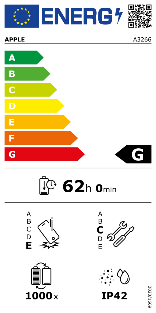 Etichetta energetica UE, codice QR e informazioni, modello Apple A3266, classe G, classi di efficienza energetica (con una scala da A a G), da A (efficienza massima) a G (efficienza minima), l’autonomia della batteria per ciclo è 62 ore e 0 minuti per ogni carica completa, la classe di affidabilità in caso di caduta libera ripetuta è E, da A (robustezza massima) a E (robustezza minima), la classe di riparabilità è C, da A (riparabilità massima) a E (riparabilità minima), la durata della batteria in cicli è 1000, il grado di protezione dall’ingresso di polvere e acqua (IP) è IP42, regolamento 2023/1669.