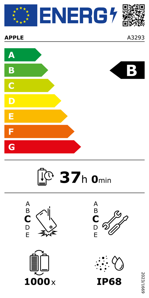 EU-Energielabel, QR Code und Informationen, Apple Modell A3293, Klasse B, Energieeffizienzklassen (auf einer Skala von A bis G), A (am effizientesten) bis G (am wenigsten effizient), Batterielaufzeit pro Zyklus, 37 Stunden und 0 Minuten pro voller Batterieladung, Sturzfestigkeit Klasse C für wiederholten freien Sturz, A (am robustesten) bis E (am wenigsten robust), Reparierbarkeit der Klasse C, A (am besten reparierbar) bis E (am wenigsten reparierbar), Batteriehaltbarkeit 1.000 Ladezyklen, Schutzart gegen Eindringen von Staub und Wasser (IP) IP68, Verordnung 2023/1669