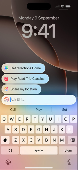 iPhone 16 Pro displaying redesigned Siri and Type to Siri capability.