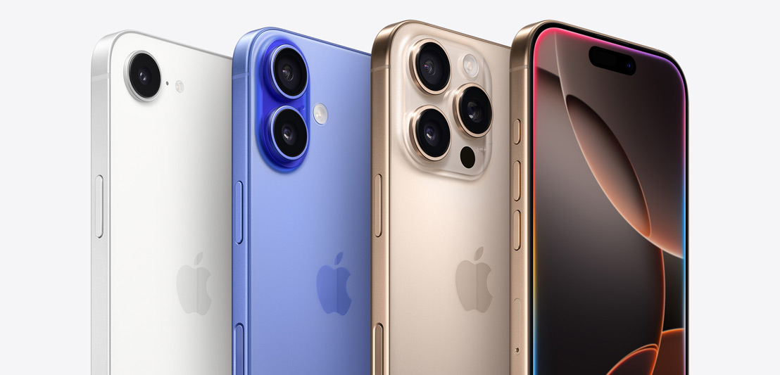 Vier iPhone Geräte, iPhone 16 Pro in Titan Wüstensand mit drei Kameraobjektiven, hinter einem weiteren iPhone 16 Pro mit Dynamic Island, gefolgt vom iPhone 16 in Ultramarin mit zwei Kameraobjektiven und iPhone 16e in Weiß mit einem Kameraobjektiv.