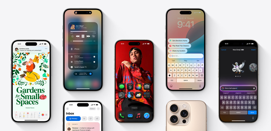 Écrans d’iPhone 16 affichant plusieurs fonctionnalités d’iOS 18
