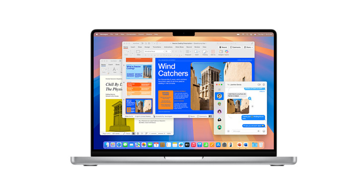 Démonstration d’apps comme Microsoft PowerPoint et Messages sur un MacBook Pro M4.
