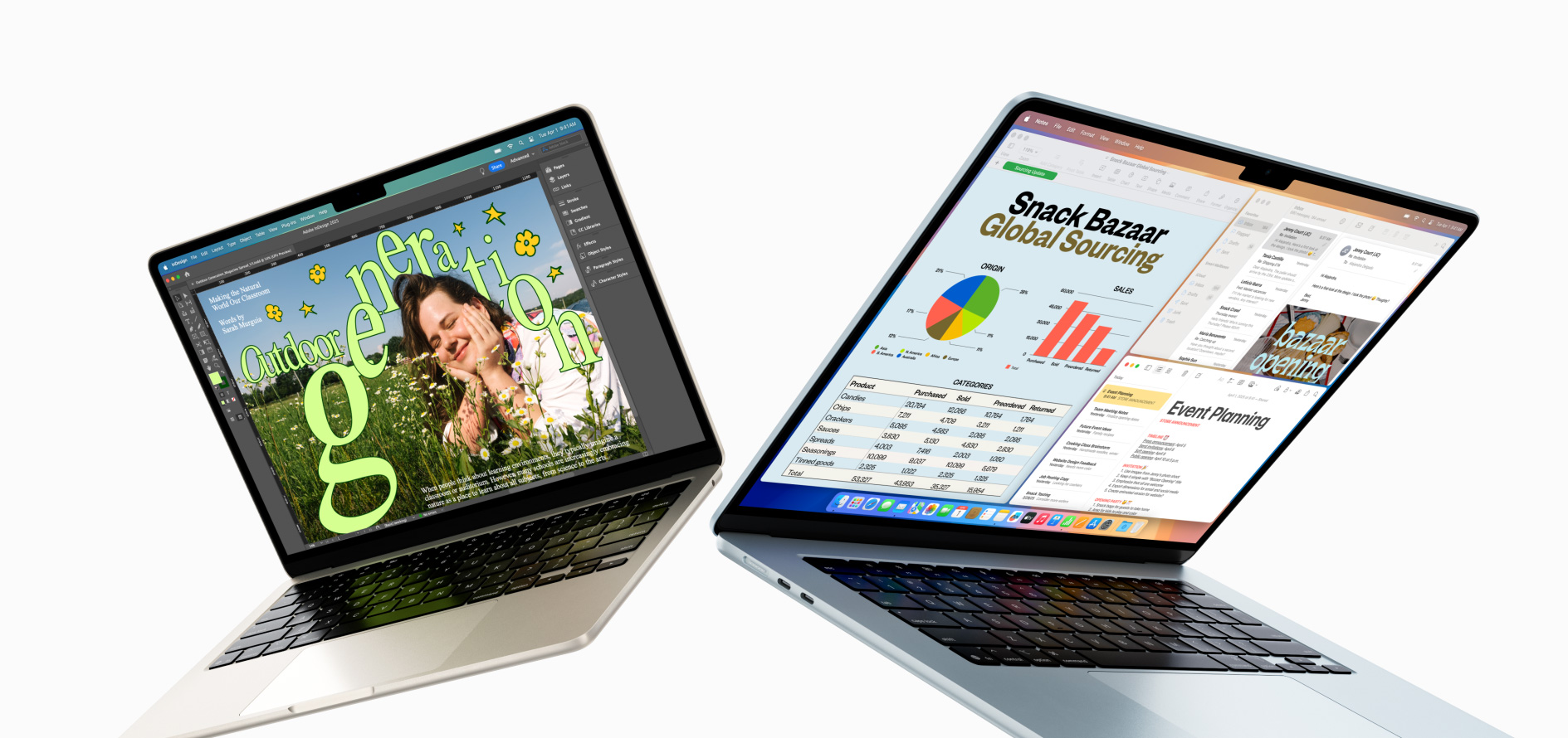 Due MacBook Air, uno da 13 pollici e uno da 15 pollici, parzialmente aperti che fluttuano verso l’alto; sullo schermo del primo è mostrato un progetto di design, mentre sull’altro si notano varie finestre di email e fogli di calcolo aperte nello stesso momento