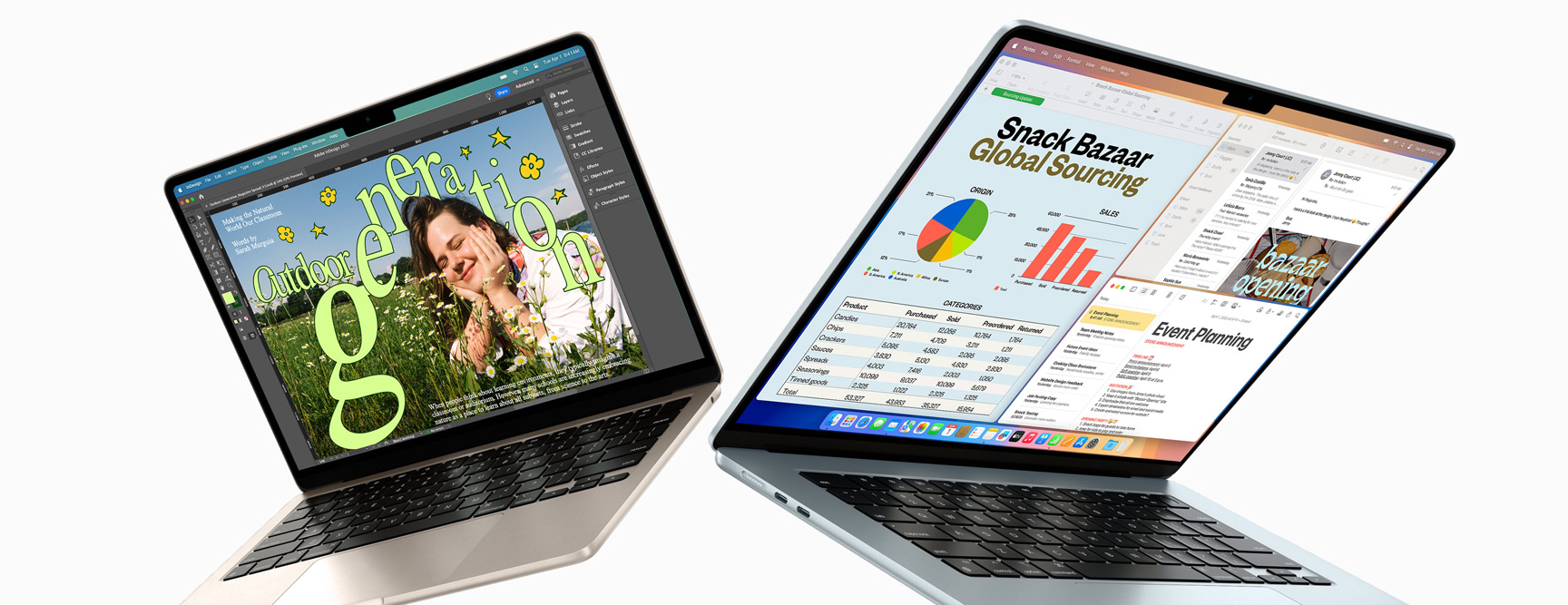 Due MacBook Air, uno da 13 pollici e uno da 15 pollici, parzialmente aperti che fluttuano verso l’alto; sullo schermo del primo è mostrato un progetto di design, mentre sull’altro si notano varie finestre di email e fogli di calcolo aperte nello stesso momento