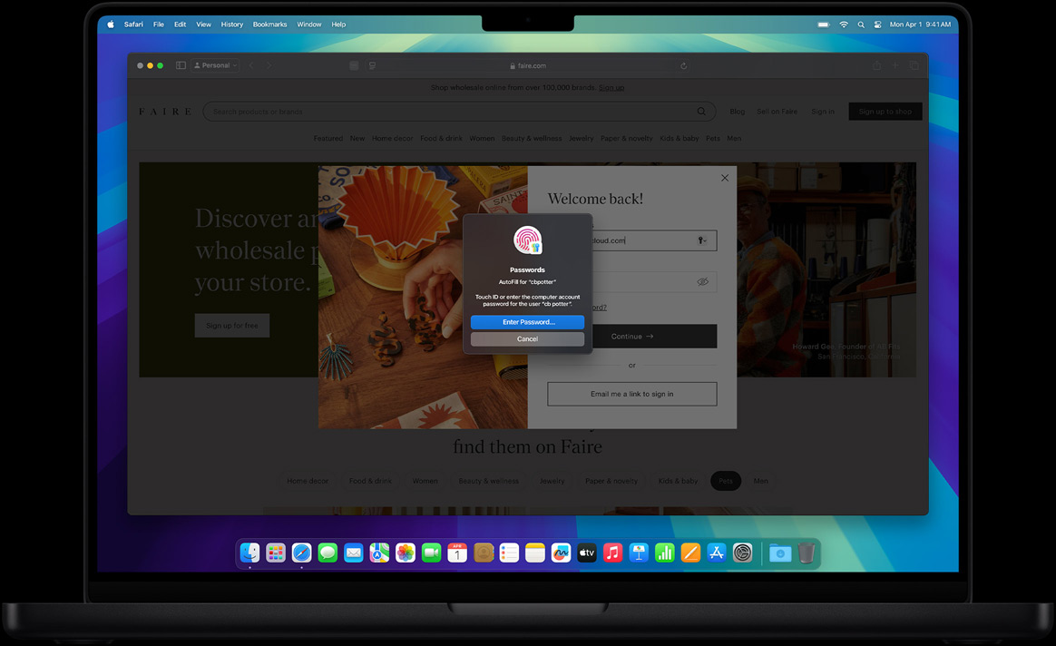 Una finestra a comparsa che invita a usare il Touch ID per accedere a un sito web in Safari