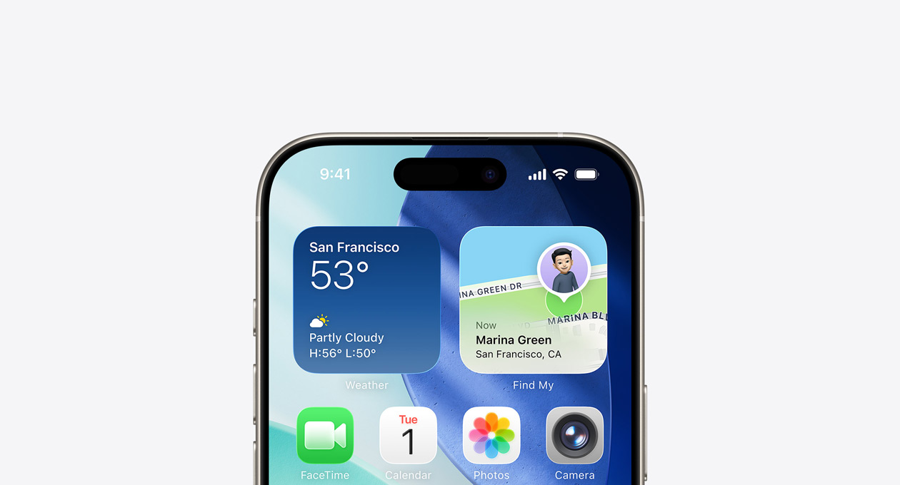 Un iPhone con la parte superiore dello schermo che mostra la schermata Home con i widget Meteo e Dov’è nella riga superiore