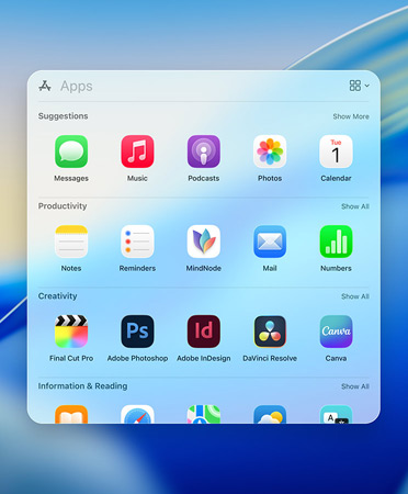 Spotlight Browsing Menü mit Apps in Kategorien: Vorschläge, Produktivität, Kreativität, Information und Lesen