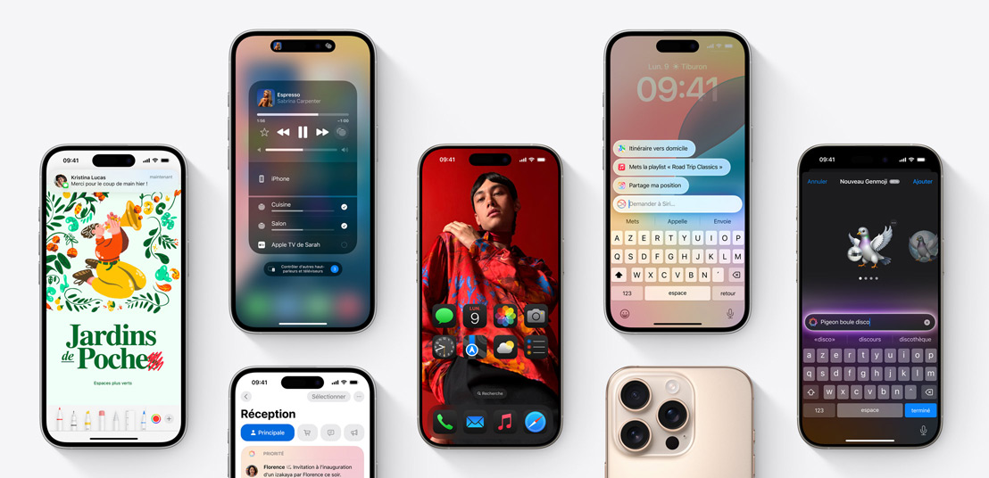 Écrans d’iPhone 16 affichant plusieurs fonctionnalités d’iOS 18