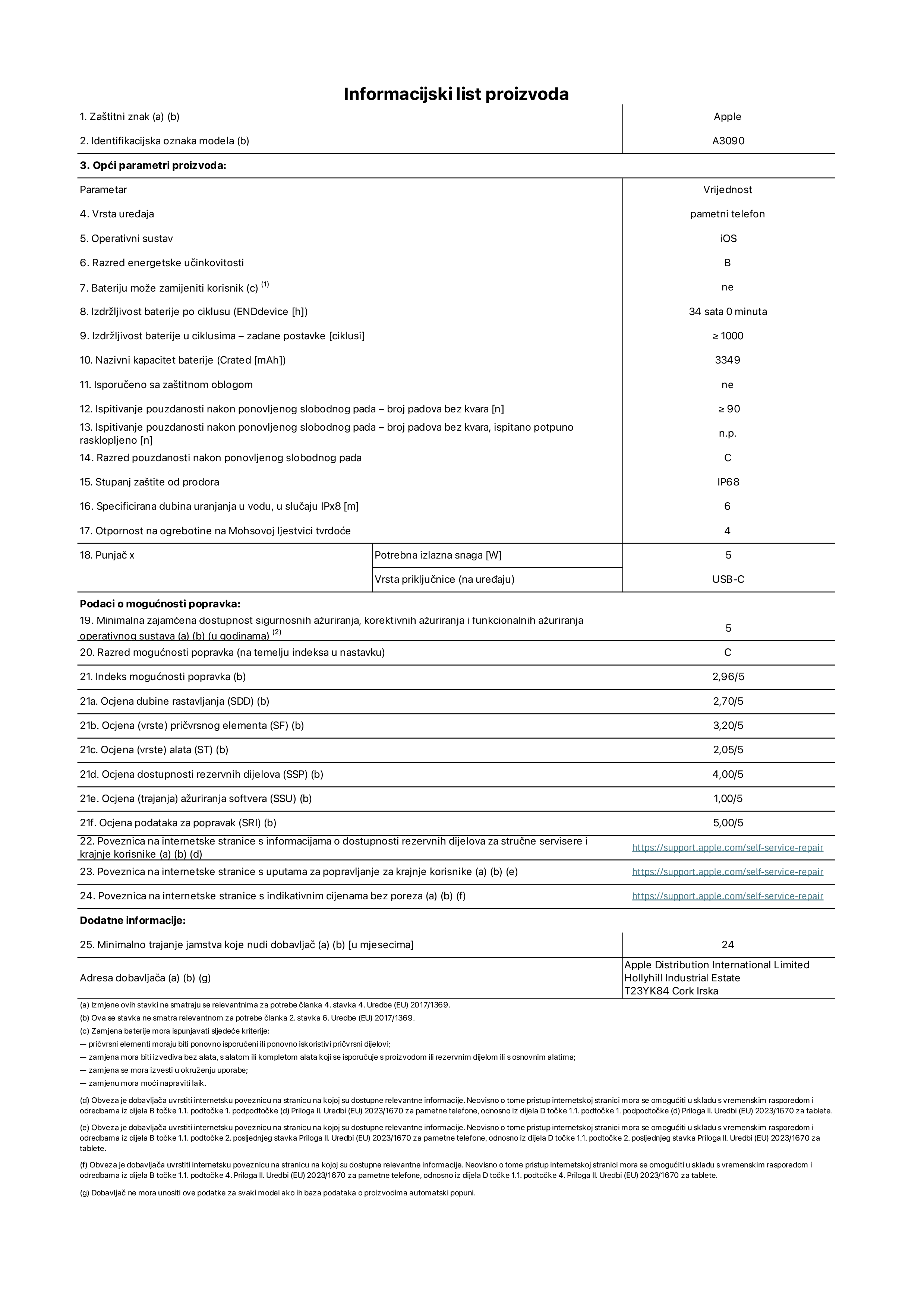 List s informacijama o proizvodu za iPhone 15, model A3090. Isporučuje Apple Distribution International Limited, Hollyhill Industrial Estate. Cork, Irska T23 YK84. Vrsta uređaja: pametni telefon. Operacijski sustav: iOS. Klasa energetske učinkovitosti: B. Baterija koju može zamijeniti korisnik: ne. Trajanje baterije po ciklusu: 34 sata. Trajanje baterije u ciklusima – zadane postavke: ≥ 1000. Nazivni kapacitet baterije: 3349 mAh. Isporučeno sa zaštitnom maskom: ne. Ponovljeni test pouzdanosti slobodnim padanjem – padovi bez kvarova: ≥ 90. Ponovljeni test pouzdanosti slobodnim padanjem – padovi bez kvarova testirani u potpuno proširenom stanju: nije primjenjivo. Ponovljeni slobodni pad u klasi pouzdanosti: C. Ocjena zaštite od prodiranja: IP68. Specificirana dubina uranjanja u vodu, u slučaju IPx8: 6. Otpornost na grebanje zaslona na Mohsovoj ljestvici tvrdoće: 4. Potrebna izlazna snaga punjača: 5 W. Vrsta utičnice punjača (na strani uređaja): USB-C. Minimalna zajamčena dostupnost sigurnosnih ažuriranja operacijskog sustava, korektivnih ažuriranja i ažuriranja funkcija: 5 godina. Klasa popravljivosti: C. Indeks popravljivosti: 2,96/5. Ocjena dubine rastavljanja (SDD): 2,70/5. Ocjena pričvrsnih elemenata: 3,20/5. Ocjena alata: 2,05/5. Ocjena rezervnih dijelova: 4,00/5. Ocjena ažuriranja softvera: 1,00/5. Ocjena informacija o popravcima: 5,00/5. Internetska poveznica prema informacijama o dostupnosti rezervnih dijelova za profesionalne servisere i krajnje korisnike: https://support.apple.com/self-service-repair. Internetska poveznica prema uputama za popravljanje za krajnje korisnike: https://support.apple.com/self-service-repair. Internetska poveznica prema indikativnim cijenama prije poreza: https://support.apple.com/self-service-repair. Ponuđeno je 24-mjesečno općenito jamstvo.