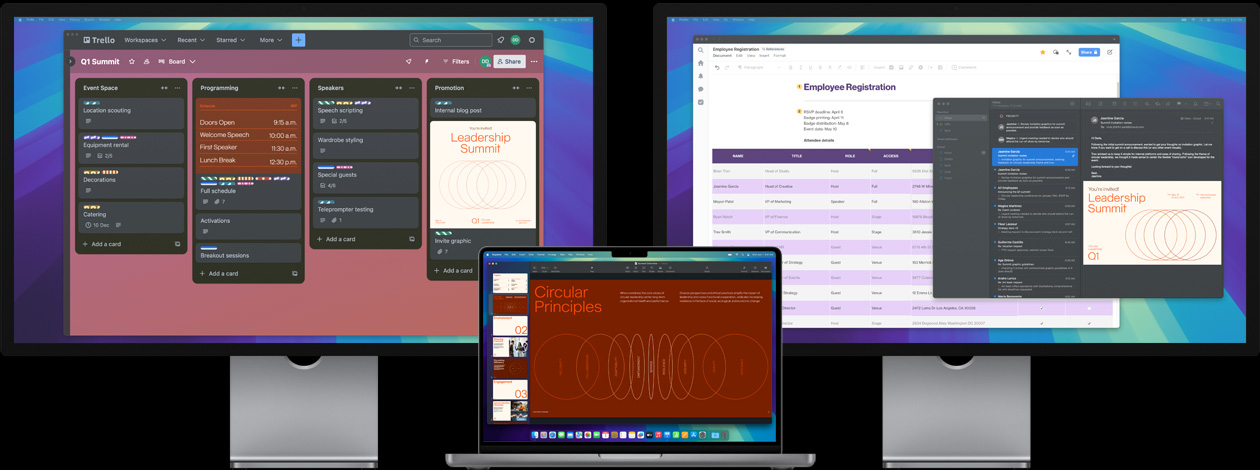 Macbook Pro s dva Studio Displaya — korisnik na zaslonu priprema sastanak rukovoditelja, prateći zadatke u aplikaciji Trello, pripremajući prezentaciju i pregledavajući datoteke dizajna putem e-pošte
