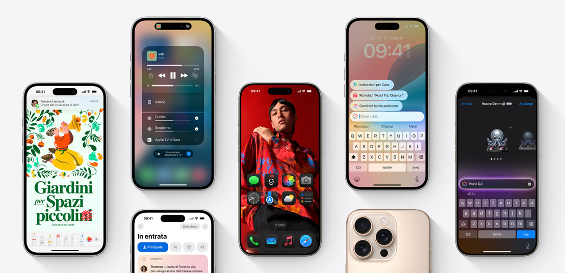 Varie schermate di iPhone 16 che mostrano alcune funzionalità di iOS 18