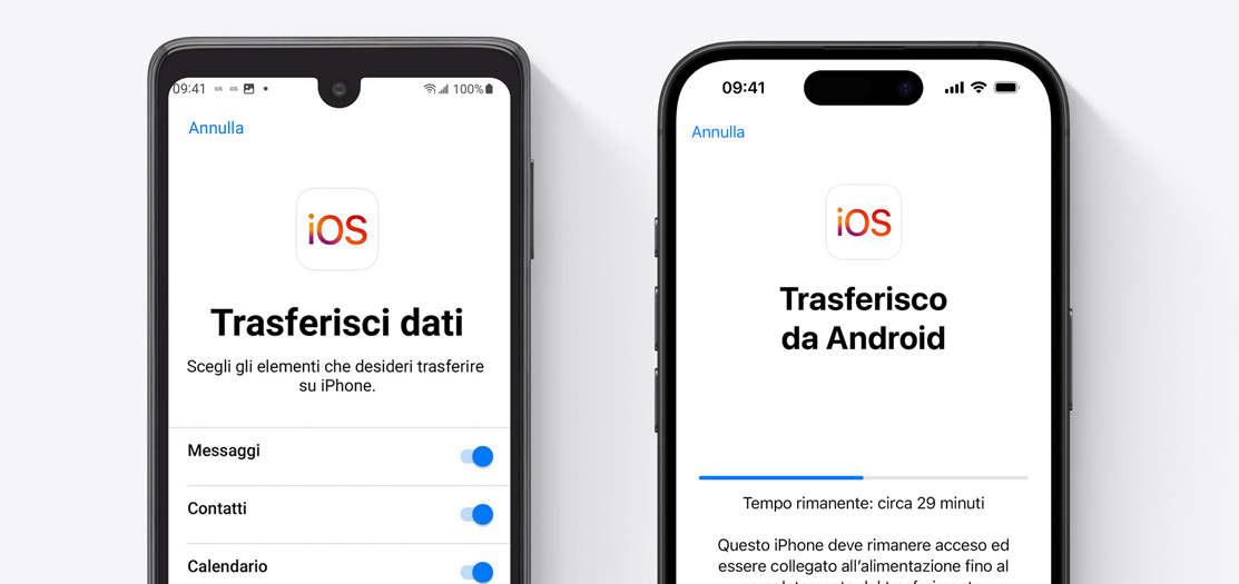 Una schermata di un telefono Android e quella di un iPhone 16 che mostrano il trasferimento dei dati