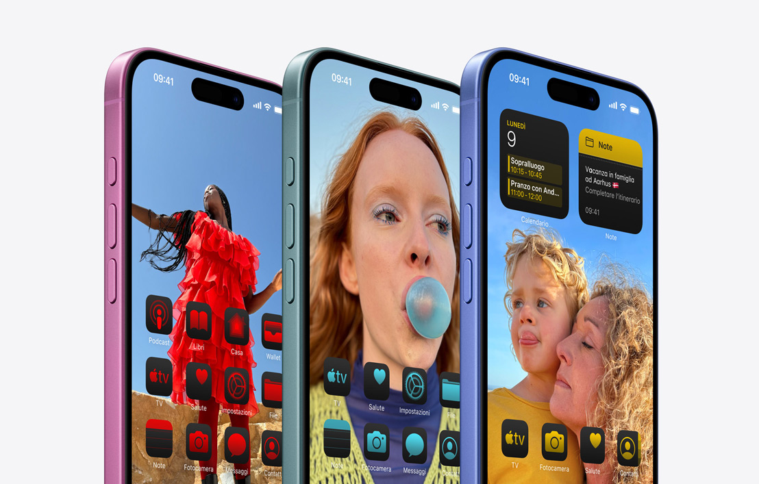 Schermate Home sovrapposte di iPhone 16 che mostrano immagini di persone