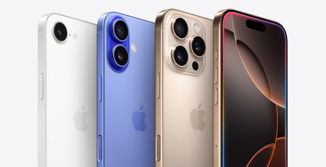 4台のiPhoneデバイスの画像。Dynamic Islandが表示されている1台のiPhone 16 Proの後ろに、3つのカメラレンズが見えるデザートチタニウムのiPhone 16 Proがあり、その背後には2つのカメラレンズが見えるウルトラマリンのiPhone 16と、1つのカメラレンズが見えるホワイトのiPhone 16eがある