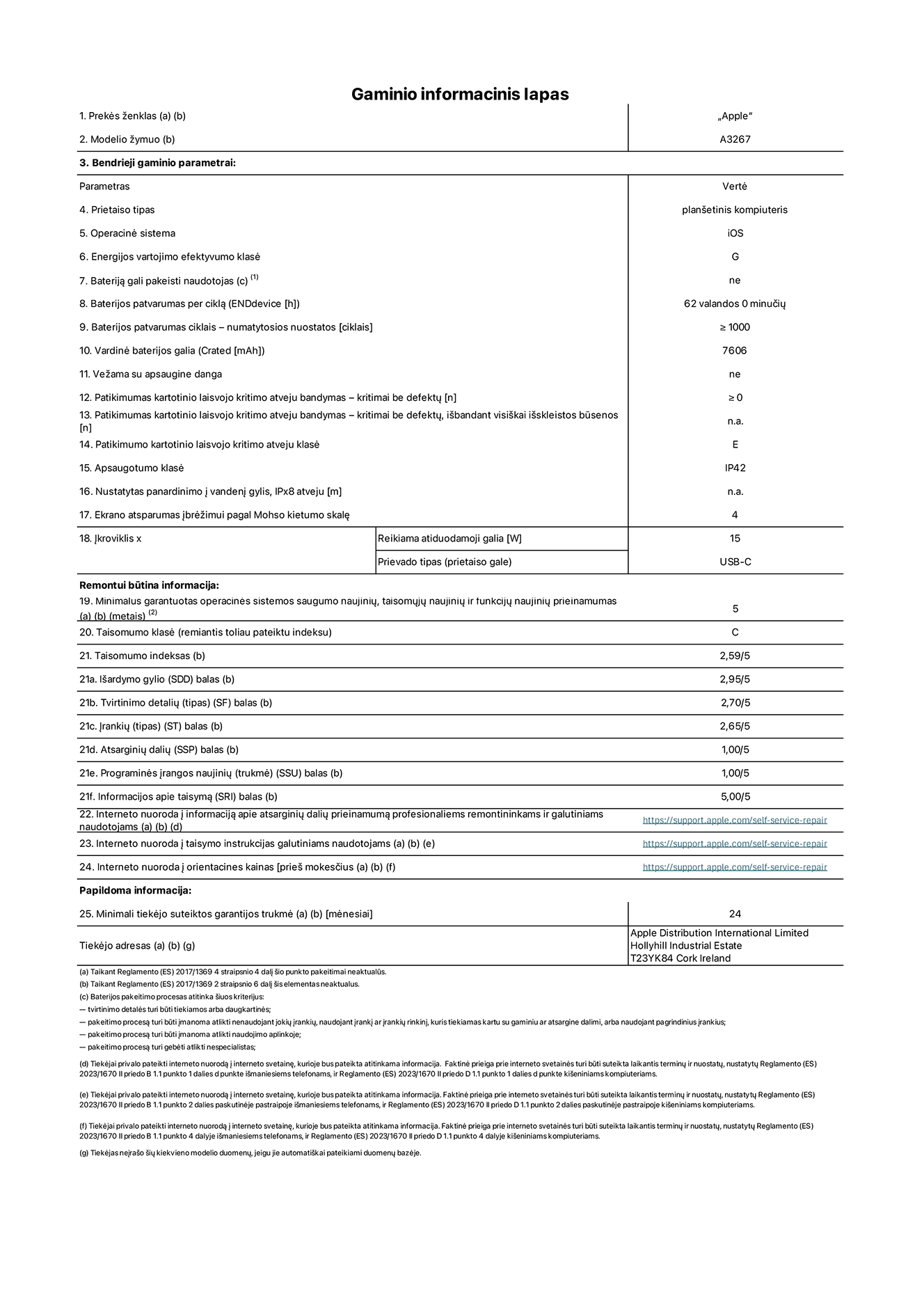 Gaminio informacinis lapas, 11 colių „iPad Air Wi-Fi plus Cellular“. Modelis A3267. Pateikė „Apple UK Ltd“, 100 New Bridge Street, Londonas EC4V 6JA. Prietaiso tipas: planšetinis kompiuteris. Operacinė sistema: „iOS“. Standartinio dinaminio diapazono energijos vartojimo efektyvumo klasė: G. Baterijos patvarumas: 62 valandos. Baterijos patvarumas ciklais: ≥ 1 000. Vardinė baterijos galia: 7 606 mAh. Patikimumo testas kartotinio laisvojo kritimo atveju – kritimai be defektų: ≥ 0. Patikimumo kartotinio laisvojo kritimo atveju klasė: E. Apsaugotumo klasė: IP42. Ekrano atsparumas įbrėžimui pagal Mohso kietumo skalę: 4. Įkroviklio reikiama atiduodamoji galia: 15 W. Įkroviklio prievado tipas: USB-C. Minimalus garantuotas operacinės sistemos saugumo naujinių, taisomųjų naujinių ir funkcijų naujinių prieinamumas: 5 metai. Taisomumo klasė: C. Taisomumo indeksas: 2,59/5. Išardymo gylio balas: 2,95/5. Tvirtinimo detalių (tipo) balas: 2,70/5. Įrankių balas: 2,65/5. Atsarginių dalių balas: 1,00/5. Programinės įrangos naujinių balas: 1,00/5. Informacijos apie taisymą balas: 5,00/5. Interneto nuoroda į informaciją apie atsarginių dalių prieinamumą profesionaliems remontininkams ir galutiniams naudotojams: https://support.apple.com/self-service-repair. Interneto nuoroda į taisymo instrukcijas galutiniams naudotojams: https://support.apple.com/self-service-repair. Nuoroda į orientacines kainas prieš mokesčius: https://support.apple.com/self-service-repair. Siūloma 24 mėnesių bendroji garantija.