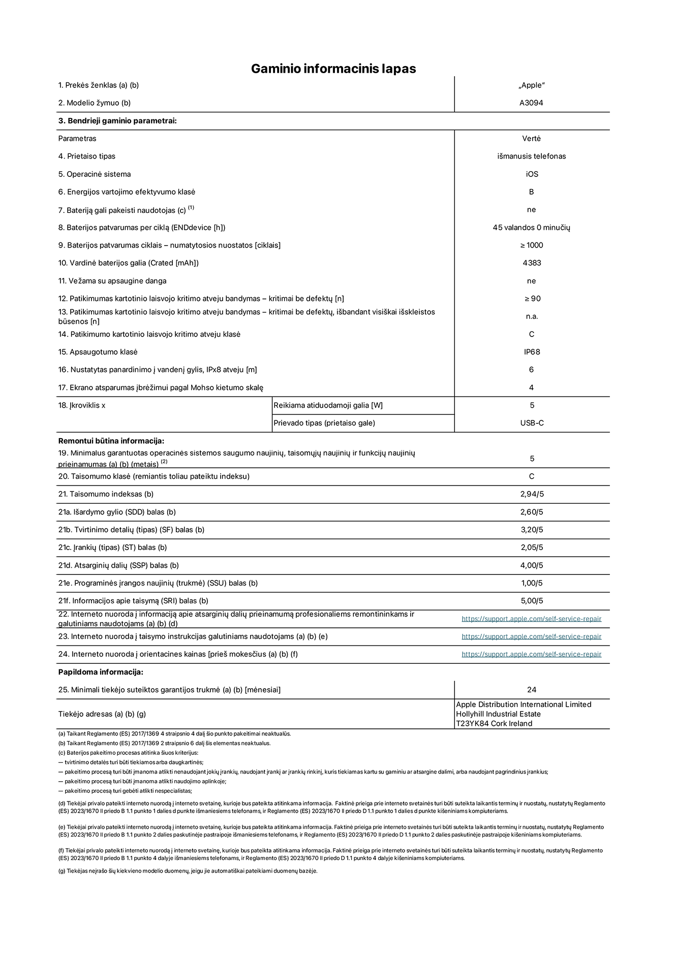 Gaminio informacinis lapas, „iPhone 15 plus“, modelis A3094. Pateikė „Apple Distribution International Limited“, „Hollyhill Industrial Estate“. Korkas, Airija T23 YK84. Prietaiso tipas: išmanusis telefonas. Operacinė sistema: „iOS“. Energijos vartojimo efektyvumo klasė: B. Bateriją gali pakeisti naudotojas: ne. Baterijos patvarumas per ciklą: 45 valandos. Baterijos patvarumas ciklais – numatytosios nuostatos: ≥ 1 000. Vardinė baterijos galia: 4 383 mAh. Vežama su apsaugine danga: ne. Patikimumo testas kartotinio laisvojo kritimo atveju – kritimai be defektų: ≥ 90. Patikimumo testas kartotinio laisvojo kritimo atveju – kritimai be defektų, išbandant visiškai išskleistos būsenos: netaikoma. Patikimumo kartotinio laisvojo kritimo atveju klasė: C. Apsaugotumo klasė: IP68. Nustatytas panardinimo į vandenį gylis, IPx8 atveju: 6. Ekrano atsparumas įbrėžimui pagal Mohso kietumo skalę: 4. Įkroviklio reikiama atiduodamoji galia: 5 W. Įkroviklio prievado tipas (prietaiso gale): USB-C. Minimalus garantuotas operacinės sistemos saugumo naujinių, taisomųjų naujinių ir funkcijų naujinių prieinamumas: 5 metai. Taisomumo klasė: C. Taisomumo indeksas: 2,94/5. Išardymo gylio (SDD) balas: 2,60/5. Tvirtinimo detalių balas: 3,20/5. Įrankių balas: 2,05/5. Atsarginių dalių balas: 4,00/5. Programinės įrangos naujinių balas: 1,00/5. Informacijos apie taisymą balas: 5,00/5. Interneto nuoroda į informaciją apie atsarginių dalių prieinamumą profesionaliems remontininkams ir galutiniams naudotojams: https://support.apple.com/self-service-repair. Interneto nuoroda į taisymo instrukcijas galutiniams naudotojams: https://support.apple.com/self-service-repair. Nuoroda į orientacines kainas prieš mokesčius: https://support.apple.com/self-service-repair. Siūloma 24 mėnesių bendroji garantija.