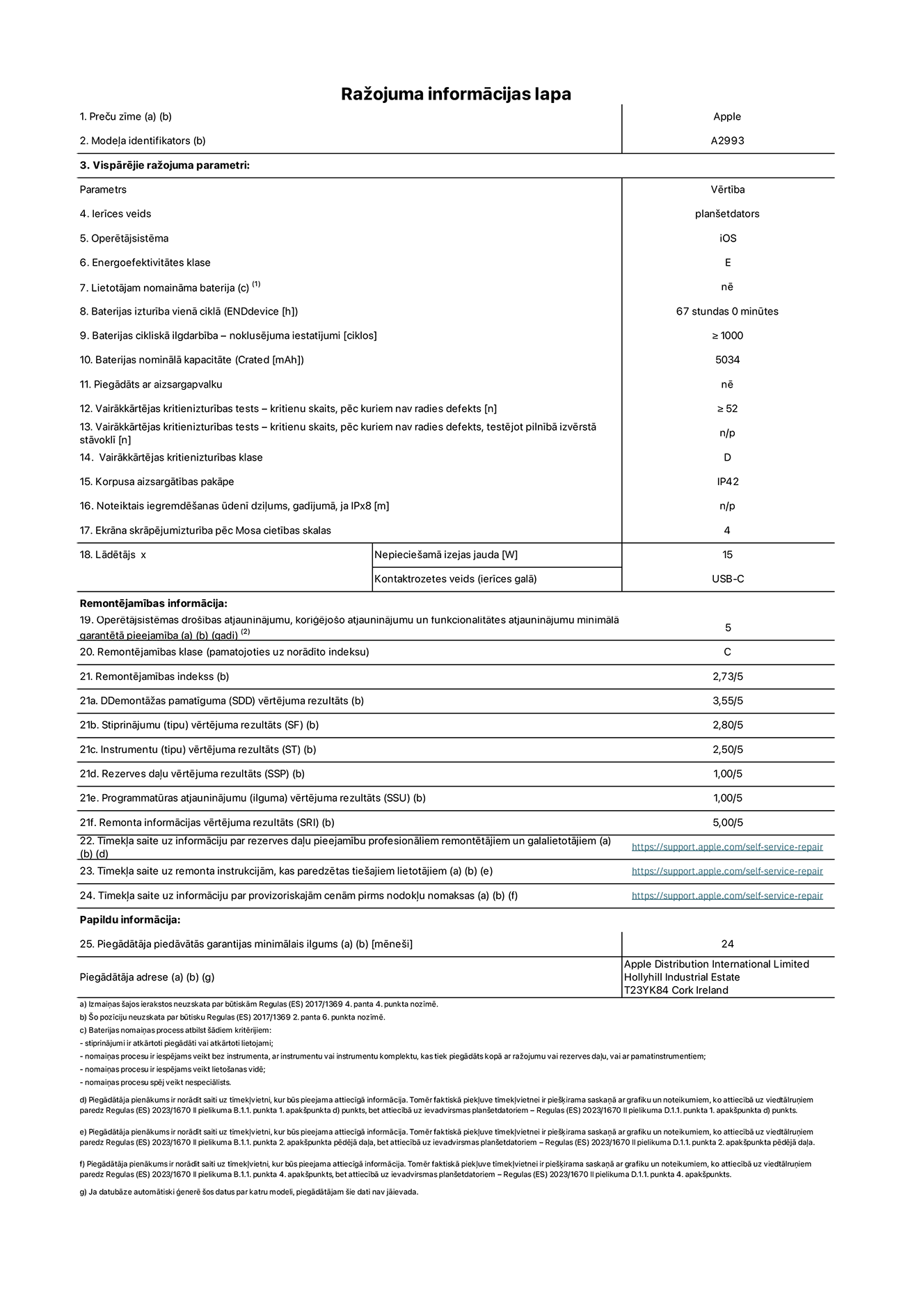 Produkta informācijas lapa – iPad mini Wi-Fi, modelis A2993. Piegādātājs: Apple Distribution International Ltd, Hollyhill Industrial Estate. Korka, Īrija T23 YK84. Ierīces veids: planšetdators. Operētājsistēma: iOS. Energoefektivitātes klase: E. Lietotāja paša spēkiem nomaināms akumulators: nē. Akumulatora izturība: 67 stundas. Akumulatora cikliskā izturība: lielāka par vai vienāda ar 1000. Akumulatora nominālā kapacitāte: 5034 mAh. Vairākkārtējas kritienizturības tests – kritienu skaits, pēc kuriem nav radies defekts: lielāks par vai vienāds ar 52. Vairākkārtējas kritienizturības klase: D. Korpusa aizsargātības pakāpe: IP42. Ekrāna skrāpējumizturība pēc Mosa cietības skalas: 4. Lādētājam nepieciešamā izejas jauda: 15 W. Lādētāja kontaktrozetes veids: USB-C. Operētājsistēmas drošības atjauninājumu, koriģējošo atjauninājumu un funkcionalitātes atjauninājumu minimālā garantētā pieejamība: 5 gadi. Remontējamības klase: C. Remontējamības indekss: 2,73/5. Demontāžas pamatīguma vērtējuma rezultāts: 3,55/5. Stiprinājumu vērtējuma rezultāts: 2,80/5. Instrumentu vērtējuma rezultāts: 2,50/5. Rezerves daļu vērtējuma rezultāts: 1,00/5. Programmatūras atjauninājumu vērtējuma rezultāts: 1,00/5. Remonta informācijas vērtējuma rezultāts: 5,00/5. Tīmekļa saite uz informāciju par rezerves daļu pieejamību profesionāliem remontētājiem un galalietotājiem: https://support.apple.com/self-service-repair. Tīmekļa saite uz remonta instrukcijām, kas paredzētas galalietotājiem: https://support.apple.com/self-service-repair. Tīmekļa saite uz informāciju par provizoriskajām cenām pirms nodokļu nomaksas: https://support.apple.com/self-service-repair. Piedāvātās garantijas standarta ilgums: 24 mēneši.
