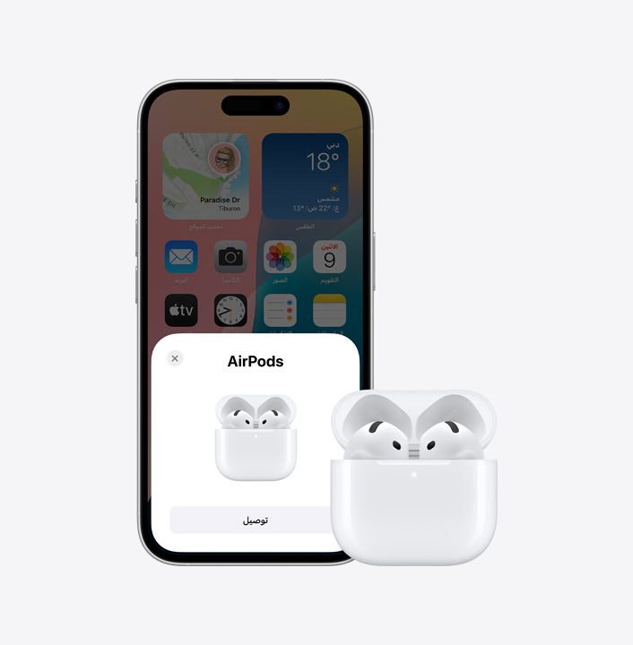 جهاز iPhone 16 معروض إلى جانب زوج من سماعات Airpods‏