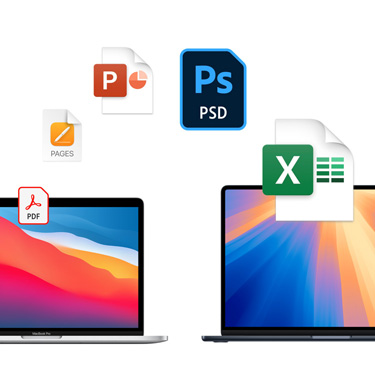 Vista frontal de dos MacBook, una al lado de la otra, con diferentes fondos de escritorio coloridos. Íconos de archivos se muestran en forma de arco sobre las MacBook. Estos incluyen un archivo de Acrobat, uno de Pages, uno de PowerPoint, uno de Photoshop y uno de Excel.