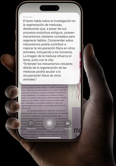 Una mano sostiene un iPhone 16 Pro donde se muestra una búsqueda hecha con Inteligencia Visual.