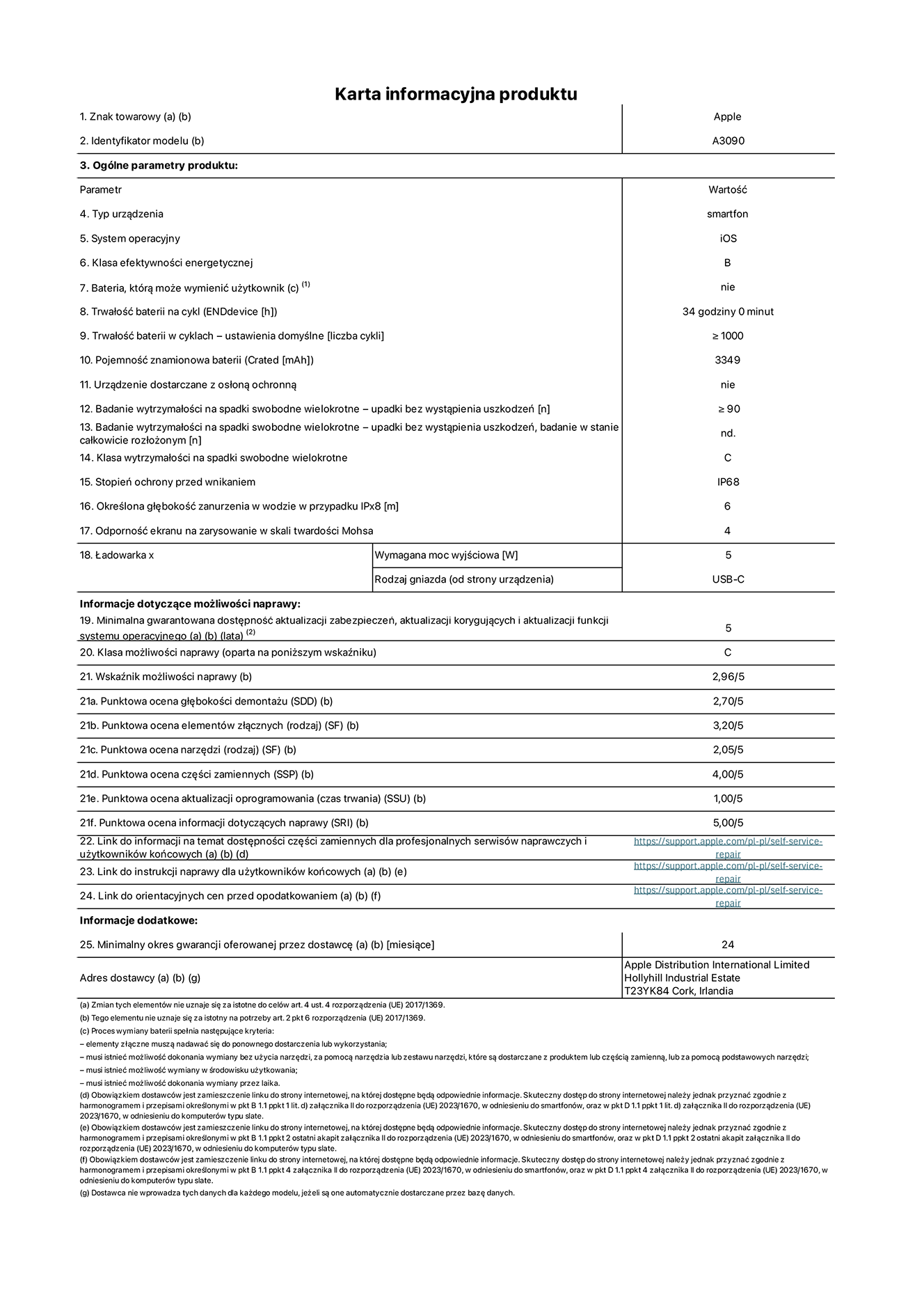 Karta informacyjna produktu dla iPhone'a 15, model A3090. Dostawca: Apple Distribution International Limited, Hollyhill Industrial Estate. Cork, Irlandia T23 YK84. Rodzaj urządzenia: smartfon. System operacyjny: iOS. Klasa efektywności energetycznej: B. Możliwość wymiany baterii przez użytkownika: nie. Trwałość baterii na cykl: 34 godziny. Trwałość baterii w cyklach (liczba cykli ładowania przy domyślnych ustawieniach): ≥ 1000. Znamionowa pojemność baterii: 3349 mAh. Dostarczany z nakładką ochronną: nie. Wytrzymałość na spadki swobodne wielokrotne (liczba upadków bez awarii): ≥ 90. Wytrzymałość na spadki swobodne wielokrotne (liczba upadków bez awarii przy całkowitym rozłożeniu urządzenia): nie dotyczy. Klasa wytrzymałości na wielokrotne upadki: C. Stopień ochrony przed wnikaniem: IP68. Określona głębokość zanurzenia w wodzie w przypadku IPx8: 6 metrów. Odporność ekranu na zarysowania (skala twardości Mohsa): 4. Minimalna moc wyjściowa ładowarki: 5 W. Typ złącza ładowarki (przy urządzeniu): USB-C. Minimalny gwarantowany okres dostępności aktualizacji zabezpieczeń systemu operacyjnego, poprawek i nowych funkcji: 5 lat. Klasa możliwości naprawy: C. Wskaźnik możliwości naprawy: 2,96/5. Ocena głębokości demontażu (SDD): 2,70/5. Ocena elementów złącznych: 3,20/5. Ocena narzędzi: 2,05/5. Ocena części zamiennych: 4,00/5. Ocena aktualizacji oprogramowania: 1,00/5. Ocena informacji dotyczących naprawy: 5,00/5. Link do informacji o dostępności części zamiennych dla serwisantów i użytkowników końcowych: https://support.apple.com/self-service-repair. Link do instrukcji napraw dla użytkowników końcowych: https://support.apple.com/self-service-repair. Link do orientacyjnych cen bez podatku: https://support.apple.com/self-service-repair. Obowiązuje 24-miesięczna gwarancja ogólna.