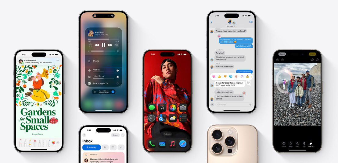 Różne funkcje systemu iOS18 na ekranie iPhone'a 16