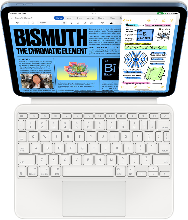 iPad attached to Magic Keyboard Folio, screen displaying Slide Over with Microsoft Word and Notes, FaceTime call is happening simultaneously.