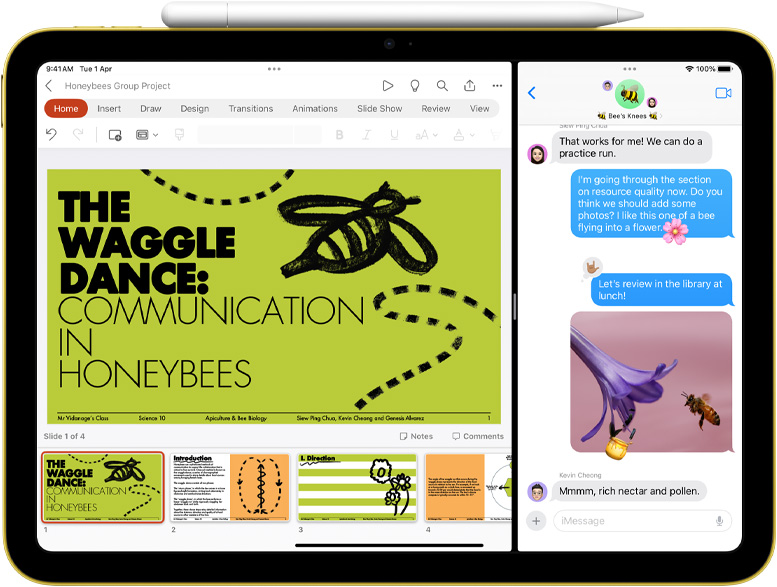 Split View of Powerpoint and Messages on iPad with Apple Pencil magnetically attached.